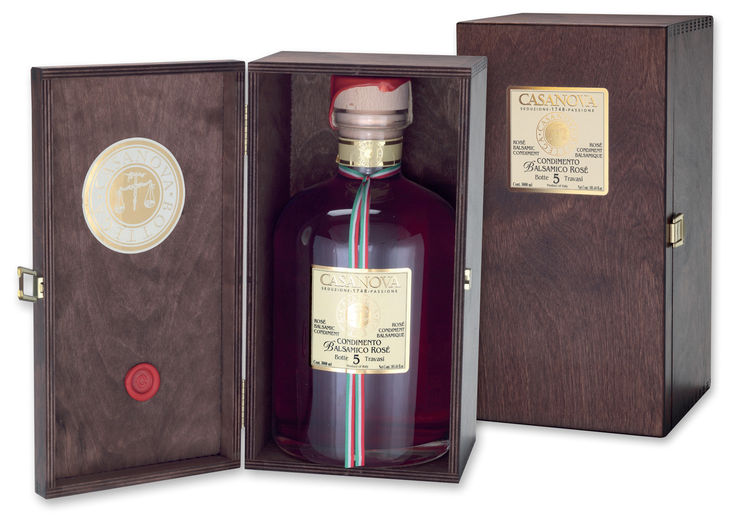 Condimento Balsamico Rosé 5 Travasi 3 l Casanova, bottiglia con cofanetto in legno.