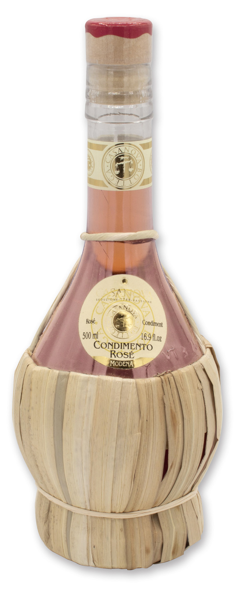 Condimento Balsamico Rosé Qualità 6 500 ml Casanova, bottiglia con rivestimento in paglia.