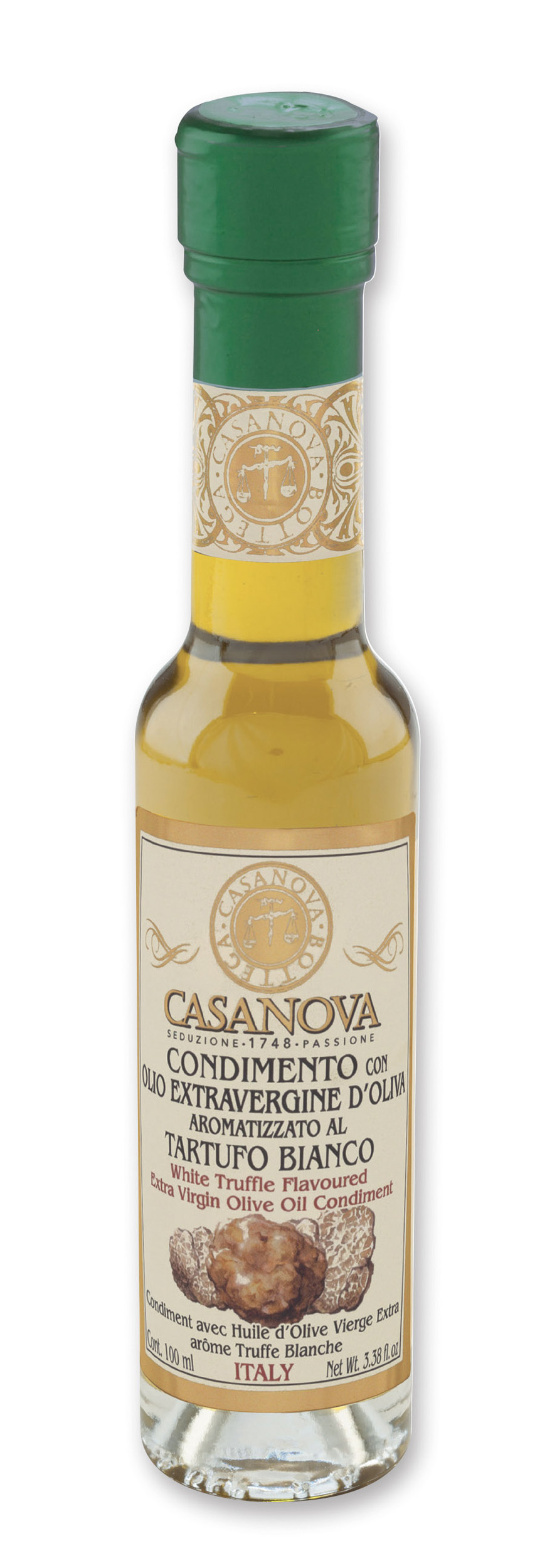 Condimento con Olio Extravergine di Oliva aromatizzato al Tartufo Bianco 100 ml Casanova, bottiglia.