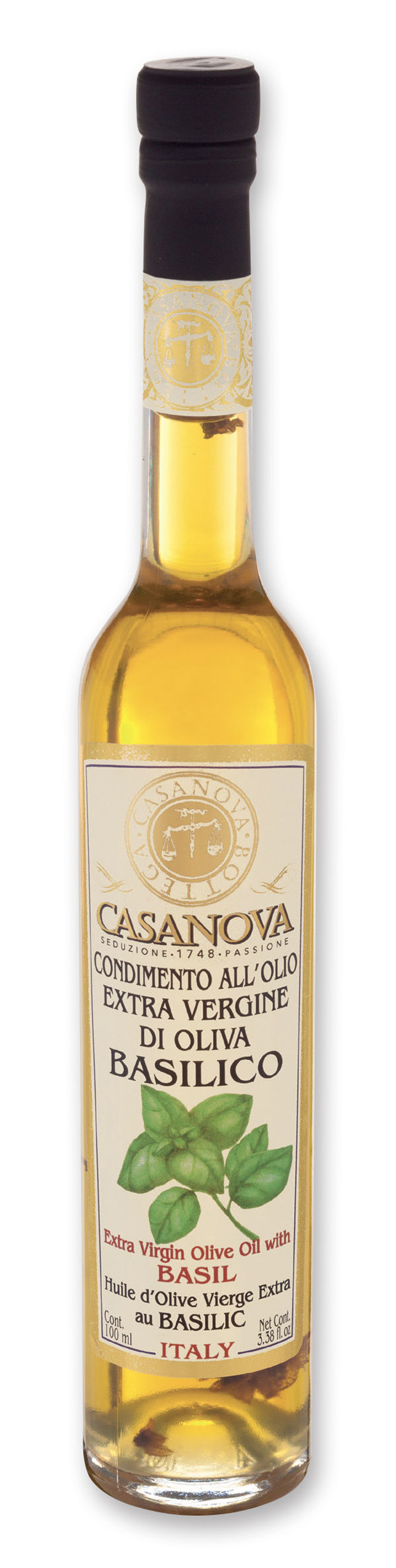 Basil Extra Virgin Olive Oil Condiment 100 ml Casanova, bottle.