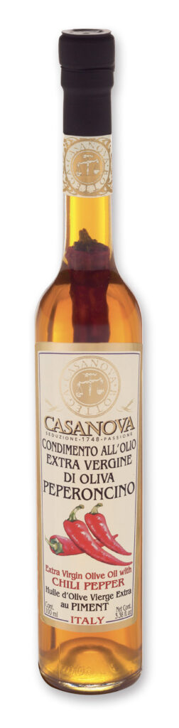 Condimento Olio Extravergine di Oliva al Peperoncino 100 ml Casanova, bottiglia.