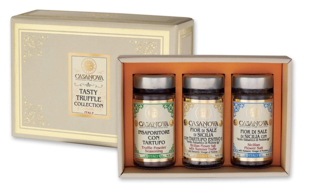 Coffret de trois sels aromatisés Casanova, coffret cadeau avec trois bocaux.