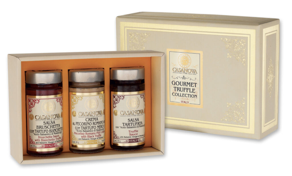Coffret de trois spécialités à la truffe Casanova, coffret cadeau avec trois bocaux.