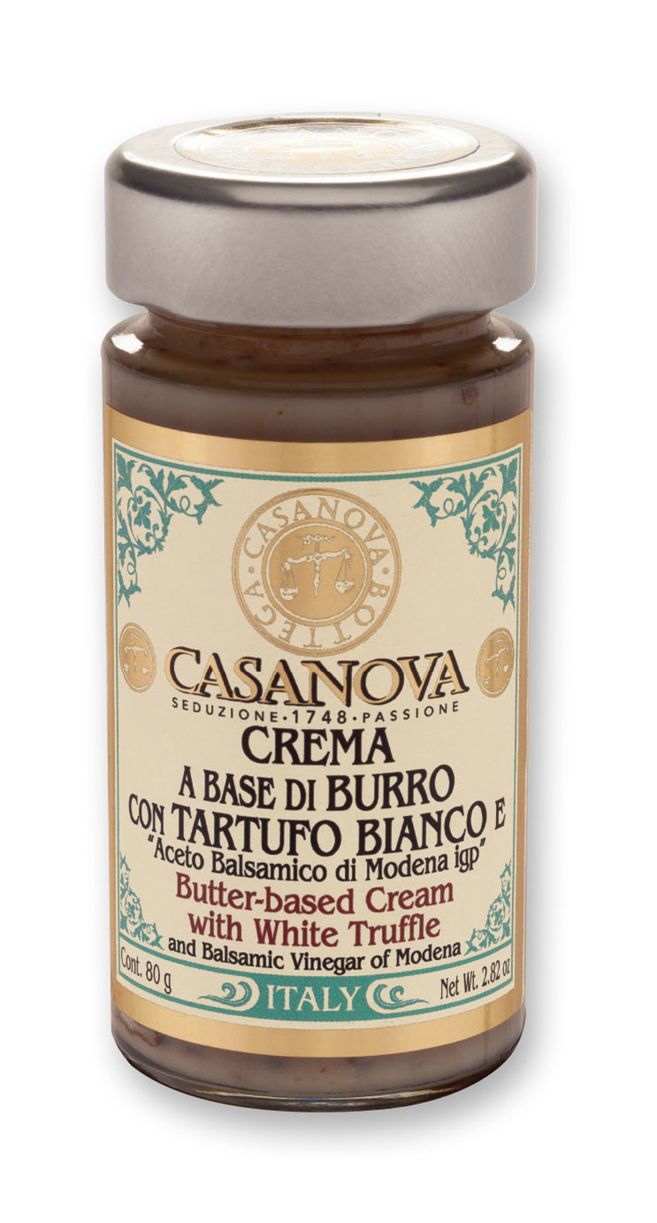Crema a base di Burro con Tartufo Bianco e Aceto Balsamico di Modena IGP 80 g Casanova, vasetto in vetro.