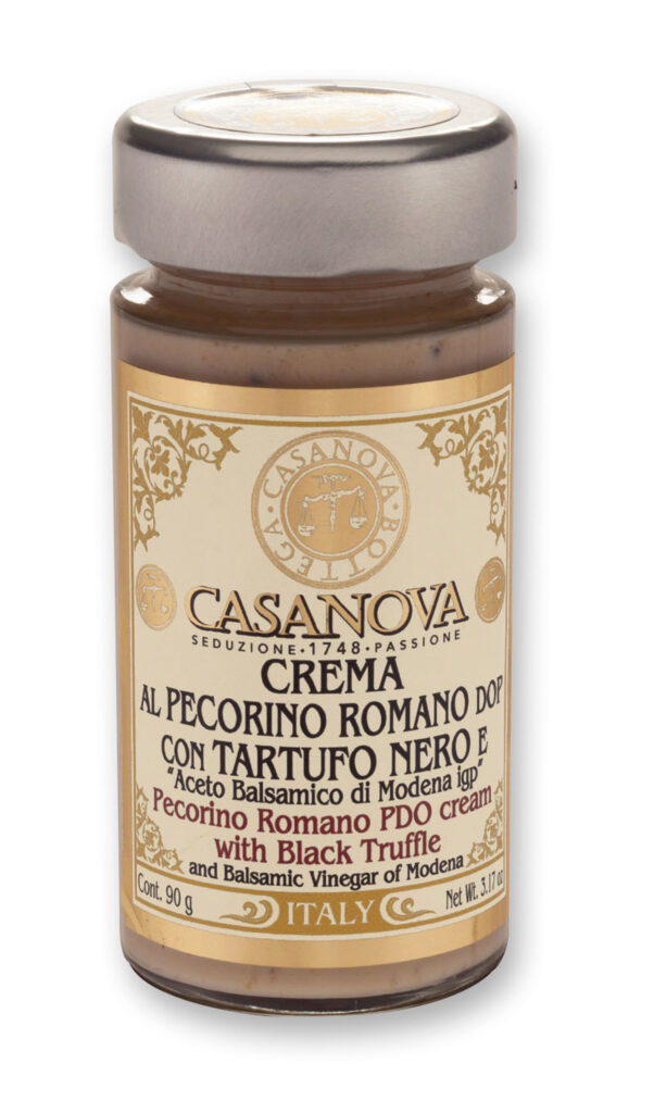 Crème au Pecorino Romano AOP avec Truffe Noire et Vinaigre Balsamique de Modène IGP 90 g Casanova, bocal en verre.