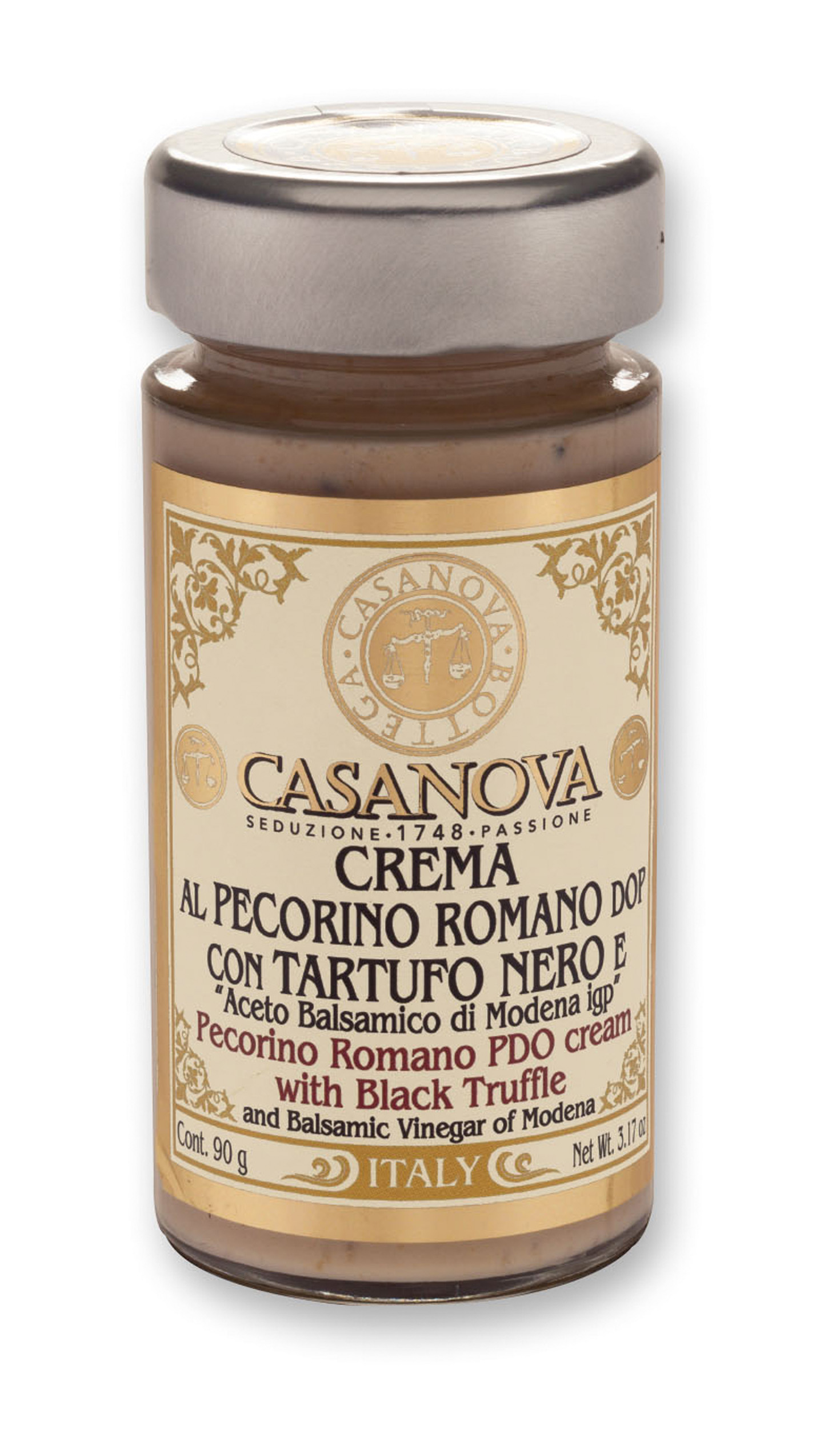 Crema al Pecorino Romano DOP con Tartufo Nero e Aceto Balsamico di Modena IGP 90 g Casanova, vasetto in vetro.