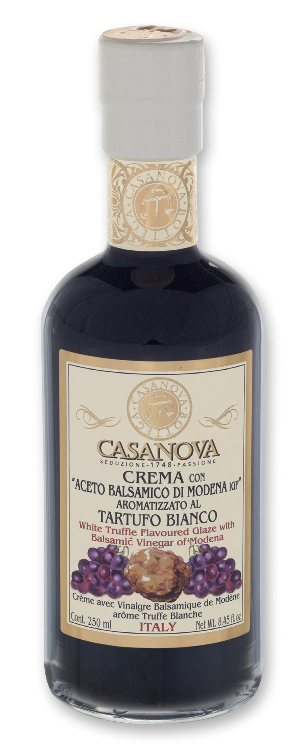 Crema con Aceto Balsamico di Modena IGP aromatizzata al Tartufo Bianco 250 ml Casanova, bottiglia.