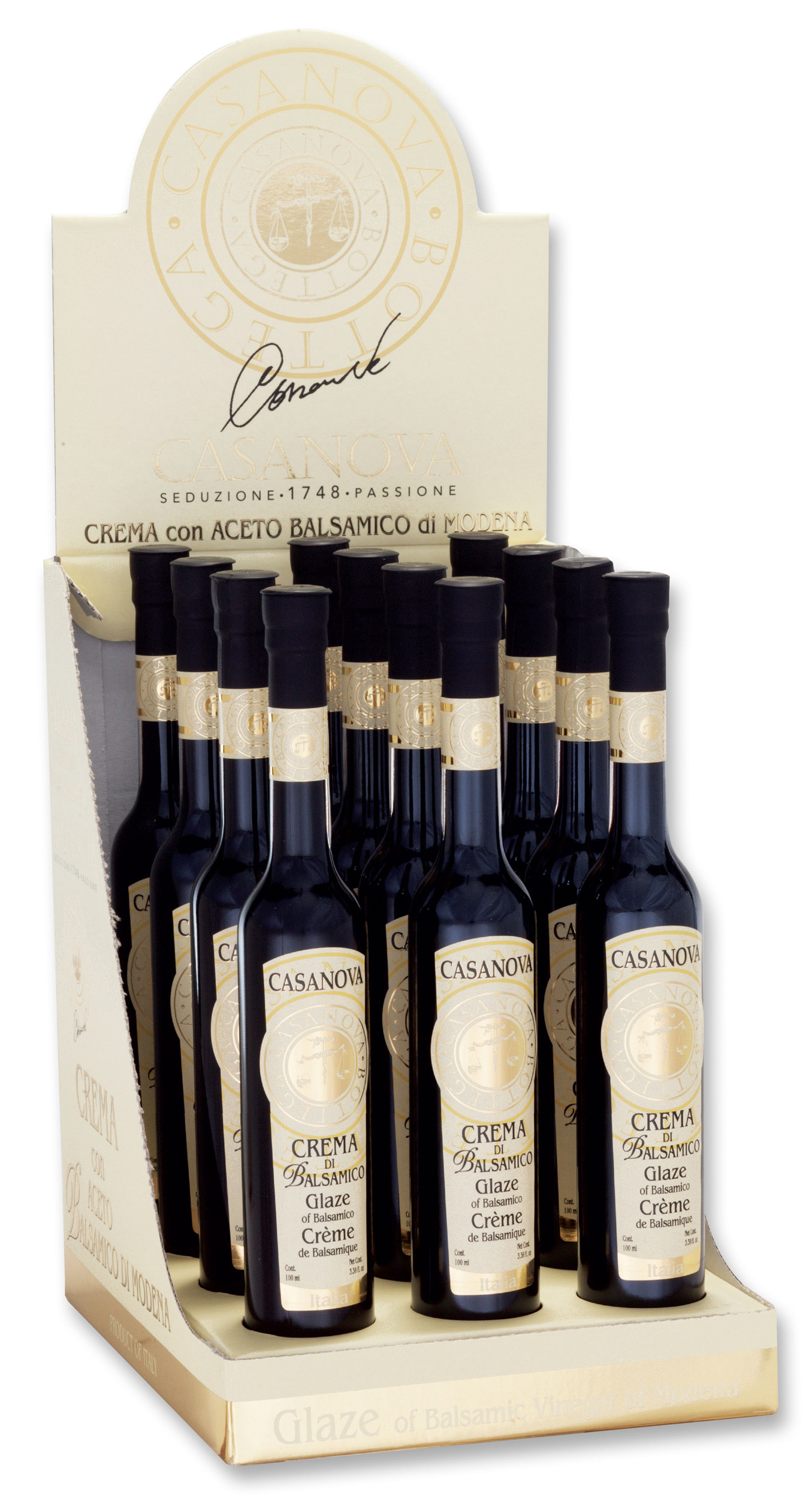 Crema di Balsamico in bottiglie di vetro 12x100 ml Casanova, espositore con bottiglie.