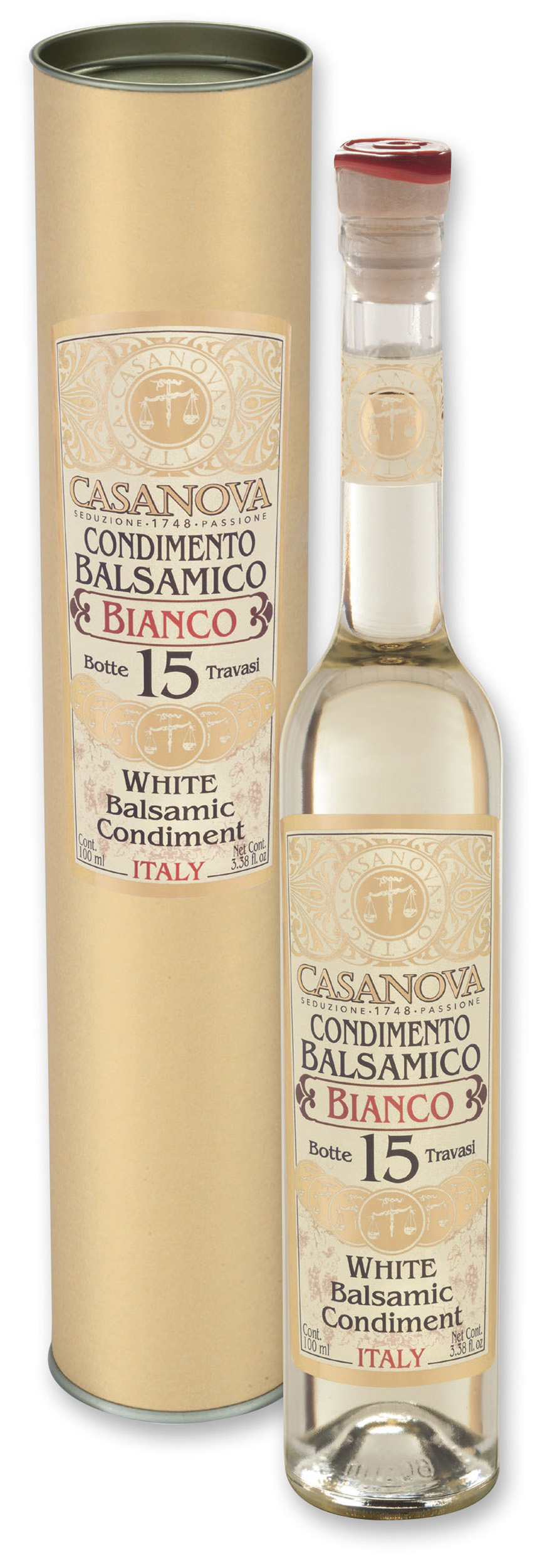 Delicate Condiment Balsamico Bianco Qualità 15 100 ml Casanova, bottiglia con confezione cilindrica.