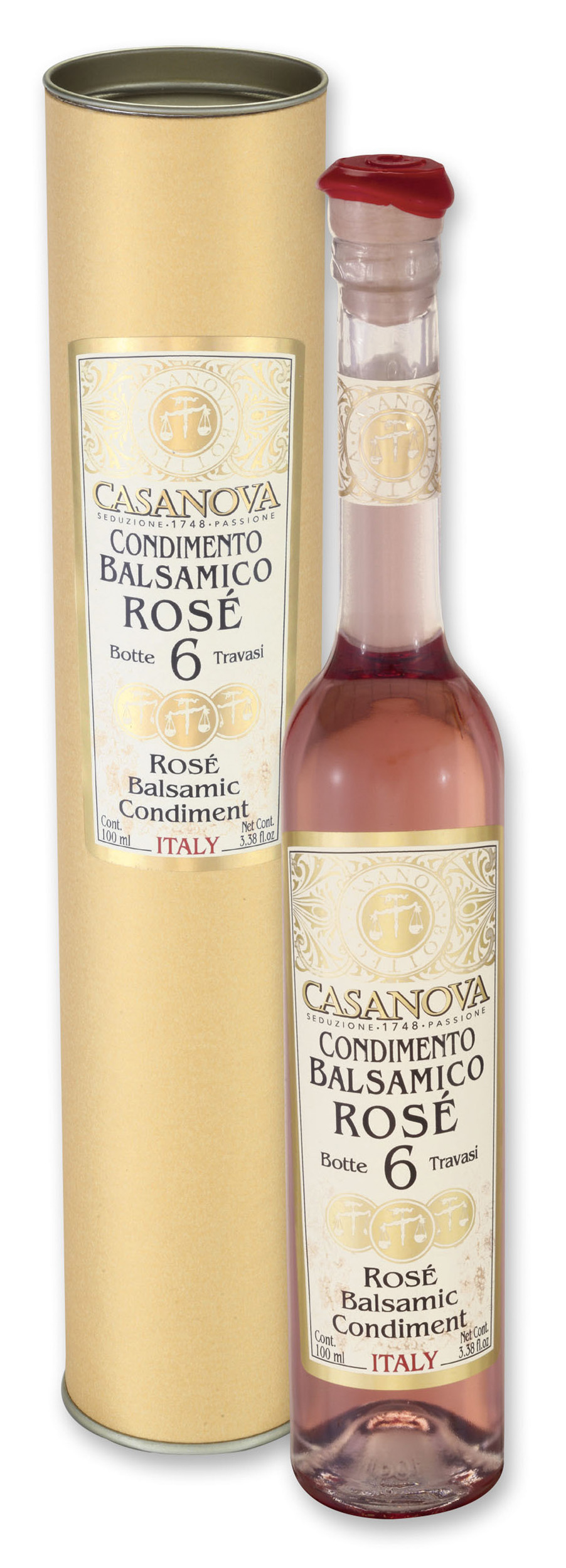 Delicate Condiment Balsamico Rosé Qualità 6 100 ml Casanova, bottiglia con confezione cilindrica.