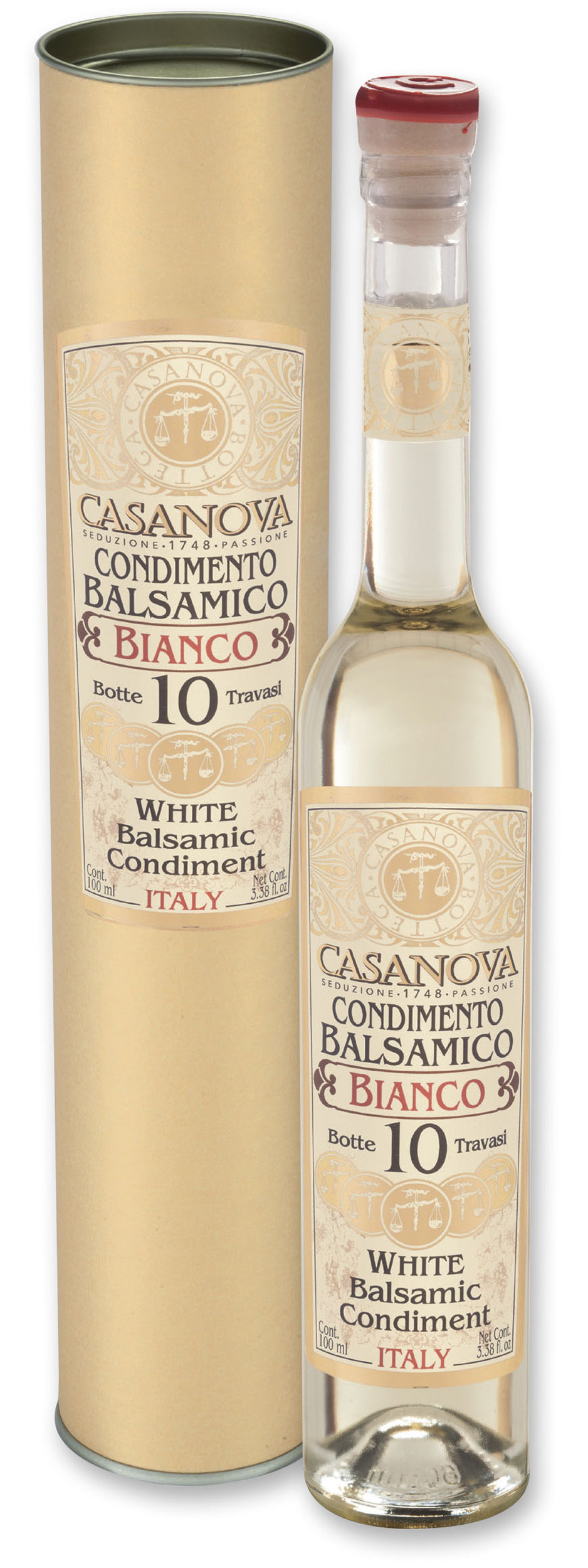 Delicate Condiments Balsamico Bianco Qualità 10 100 ml Casanova, bottiglia con confezione cilindrica.
