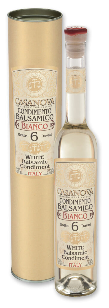 Delicate Condiments Balsamico Bianco Qualit&agrave; 6 100 ml Casanova, bottiglia con confezione cilindrica.