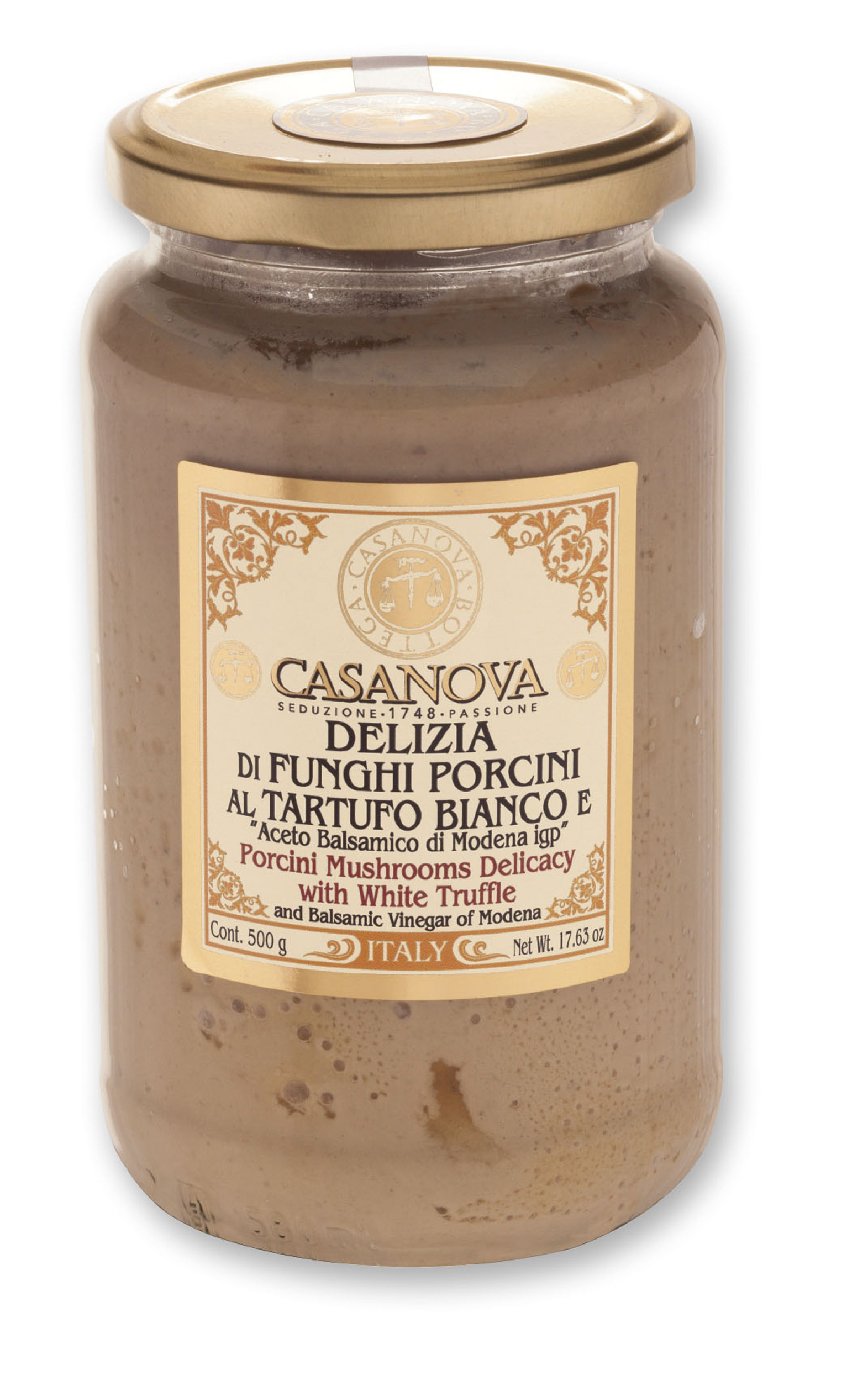 Delizia di Funghi Porcini con Tartufo Bianco e Aceto Balsamico di Modena IGP 500 g Casanova, vasetto in vetro.