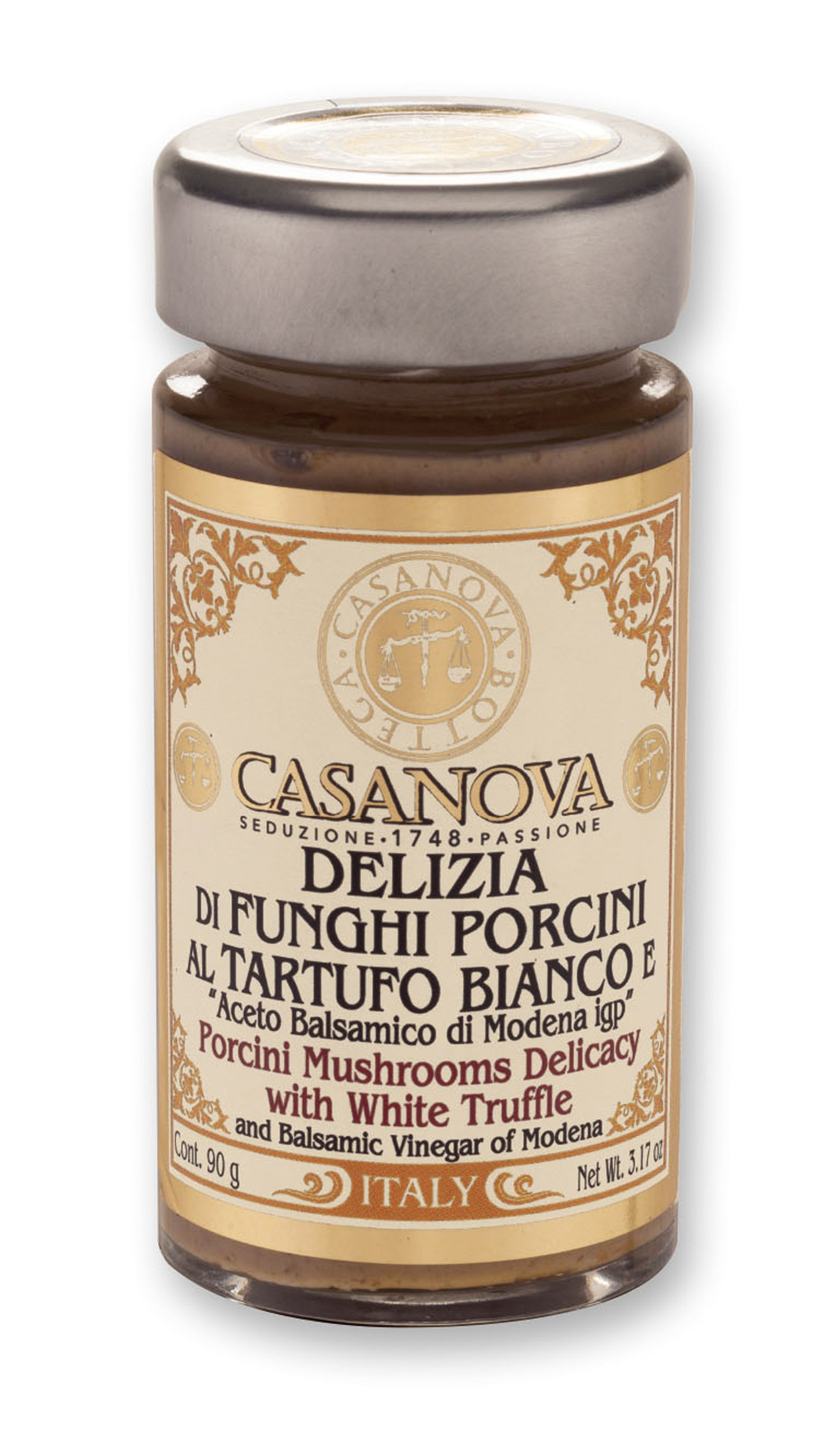 Delizia di Funghi Porcini con Tartufo Bianco e Aceto Balsamico di Modena IGP 90 g Casanova, vasetto in vetro.