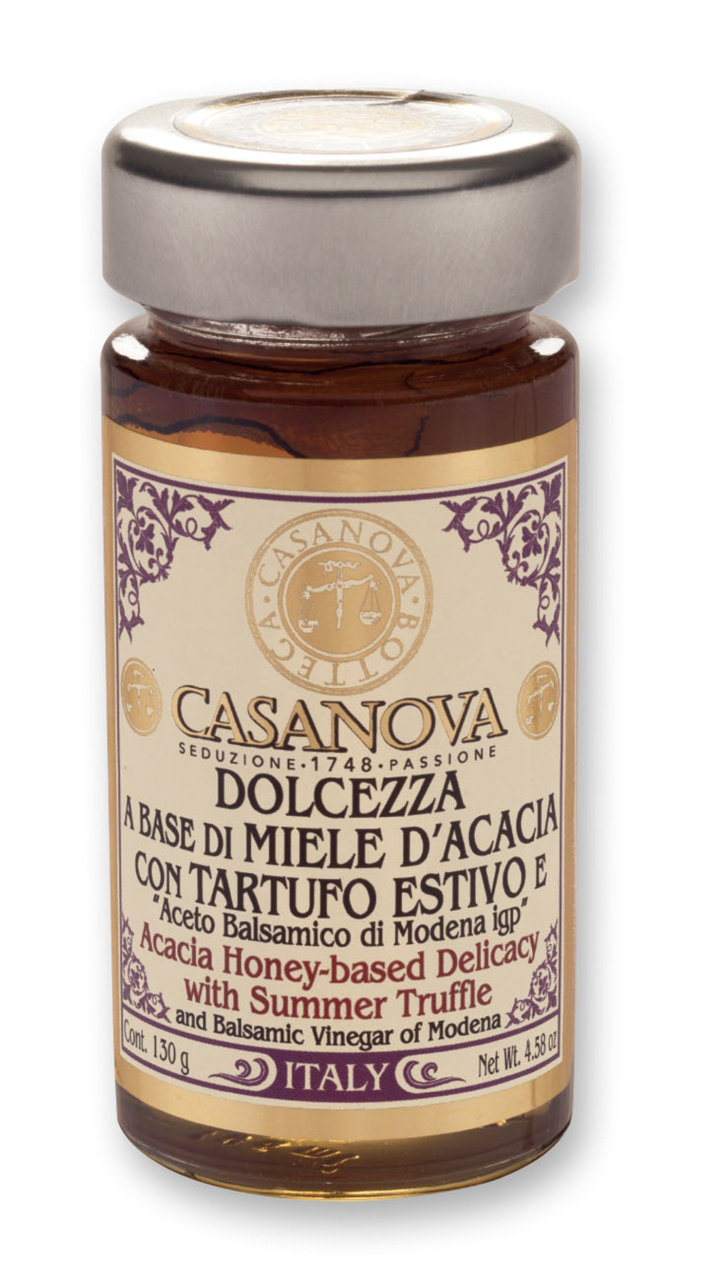 Dolcezza a base di Miele d’Acacia con Tartufo Estivo e Aceto Balsamico di Modena IGP 130 g Casanova, vasetto in vetro.