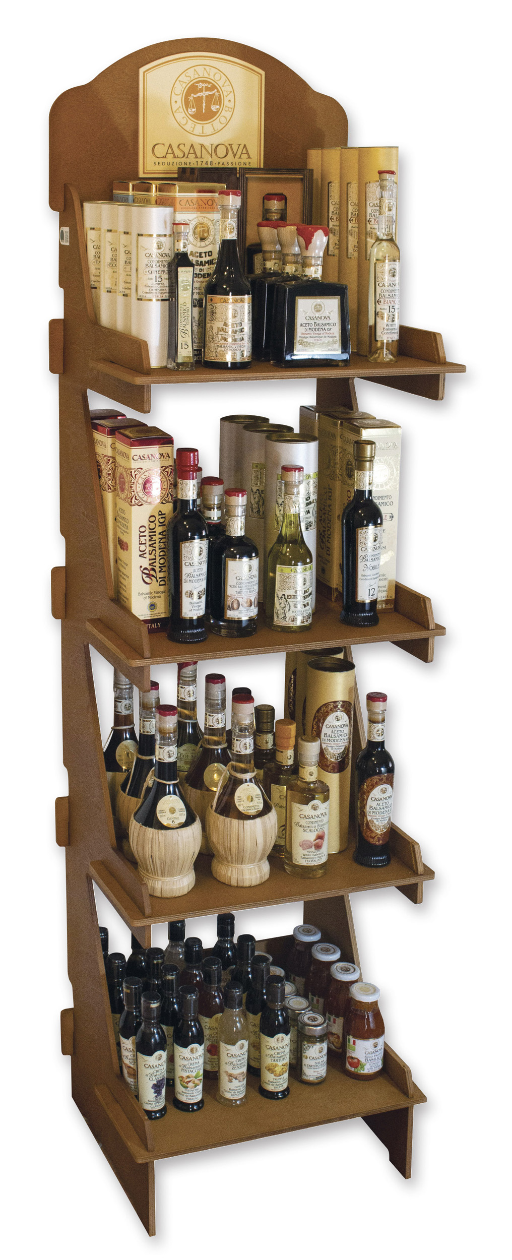 Espositore in legno Casanova con bottiglie di balsamico e condimenti.