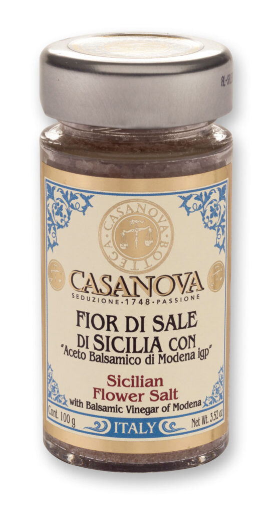 Fior di Sale di Sicilia con Aceto Balsamico di Modena IGP 100 g Casanova, vasetto in vetro.