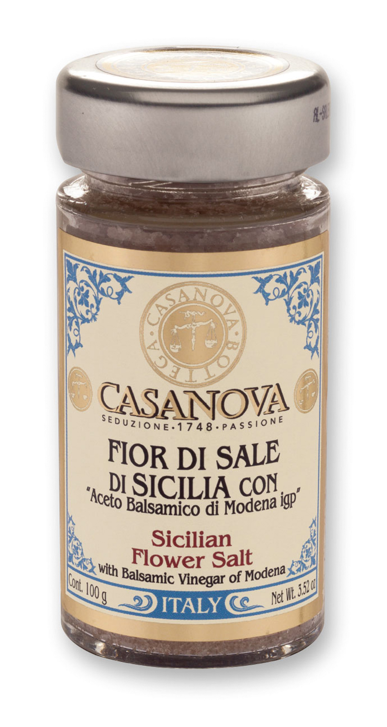 Fior di Sale di Sicilia con Aceto Balsamico di Modena IGP 100 g Casanova, vasetto in vetro.