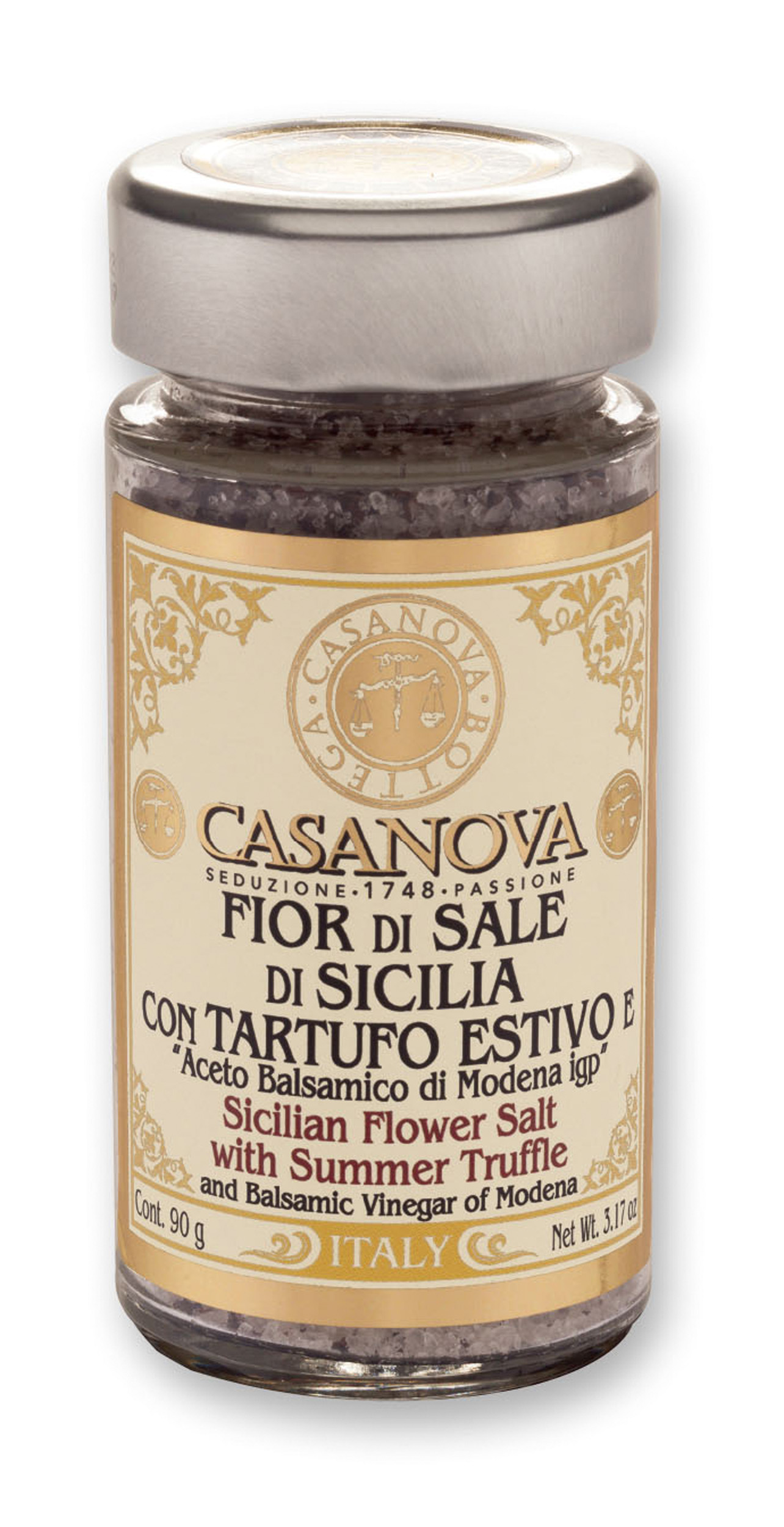 Fior di Sale di Sicilia con Tartufo Estivo e Aceto Balsamico di Modena IGP 100 g Casanova, vasetto in vetro.