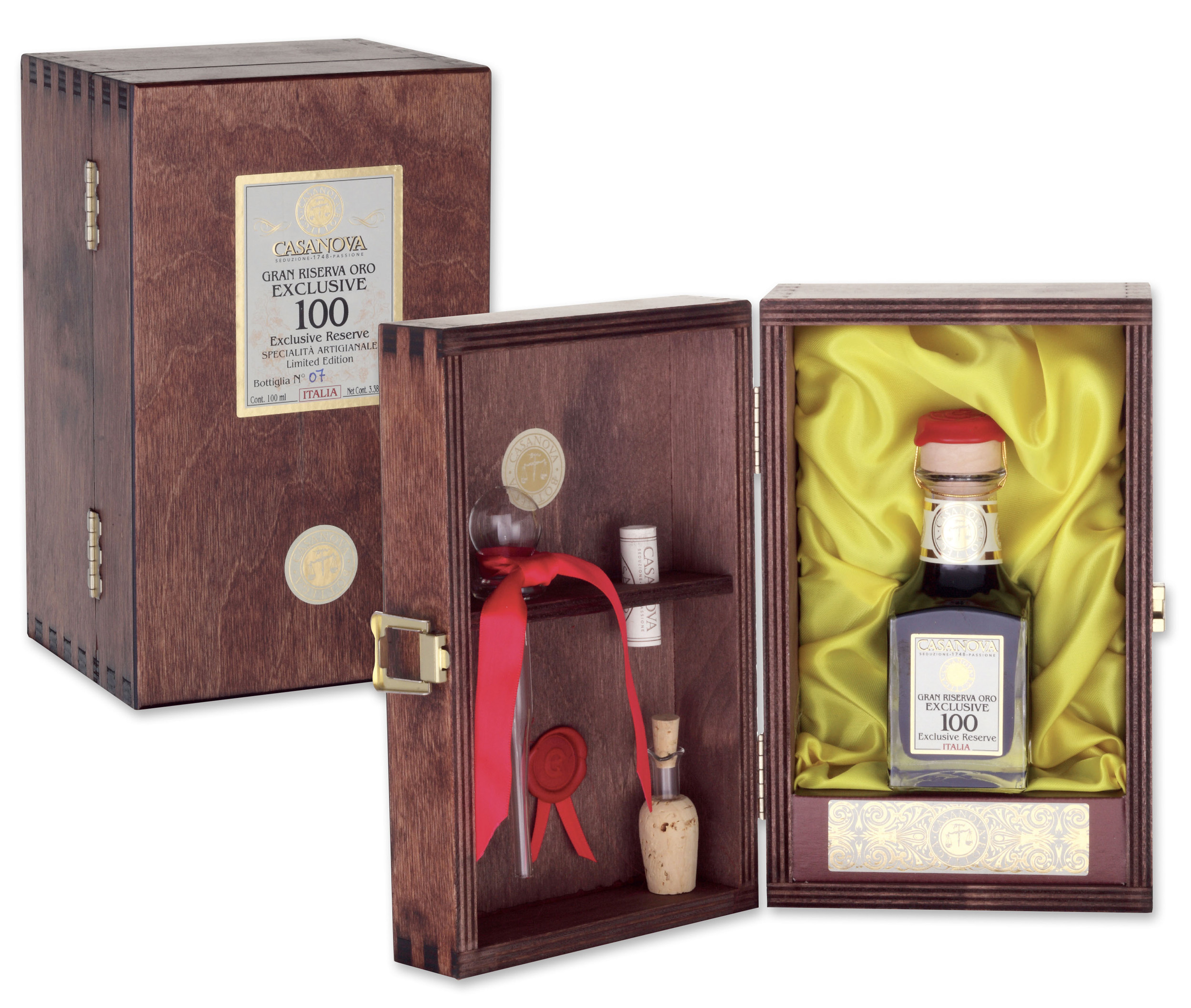 Gran Riserva Oro Exclusive Condimento Balsamico Qualità 100 50 ml Casanova, bottiglia con cofanetto in legno.