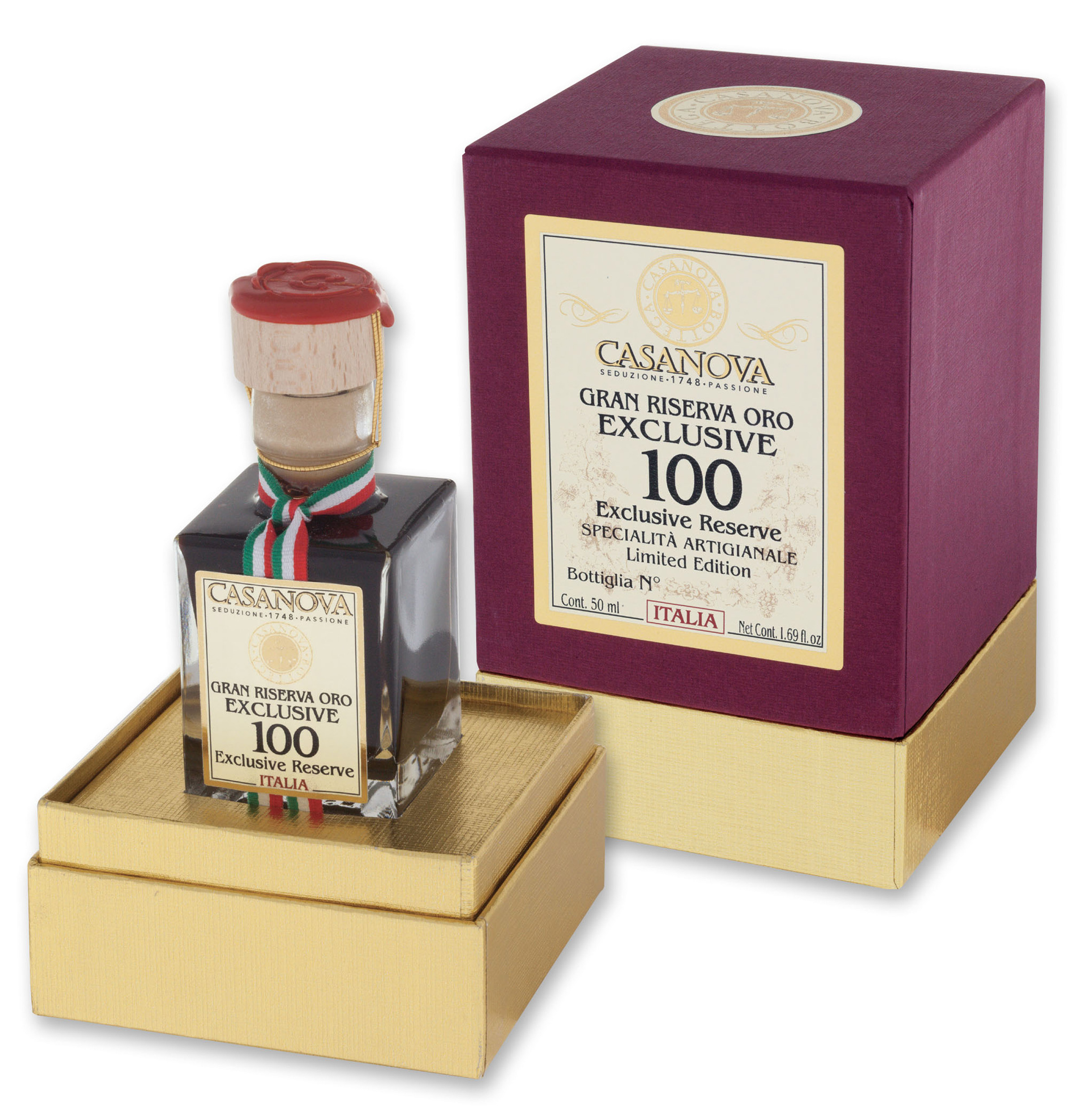 Gran Riserva Oro Exclusive Condimento Balsamico Qualità 100 50 ml Casanova, bottiglia con confezione regalo.