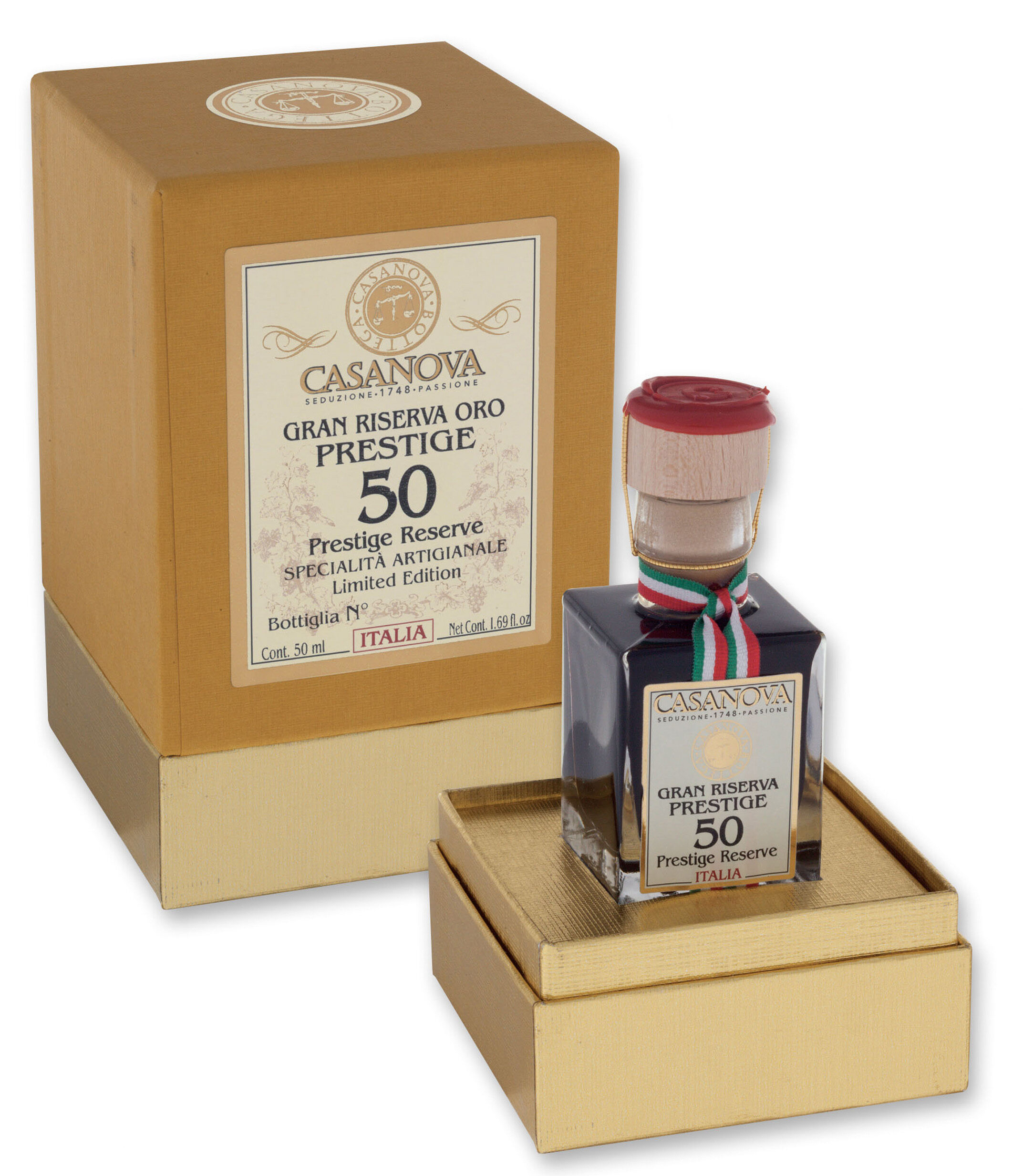 Gran Riserva Oro Prestige Condimento Balsamico Qualità 50 50 ml Casanova, bottiglia con confezione regalo.