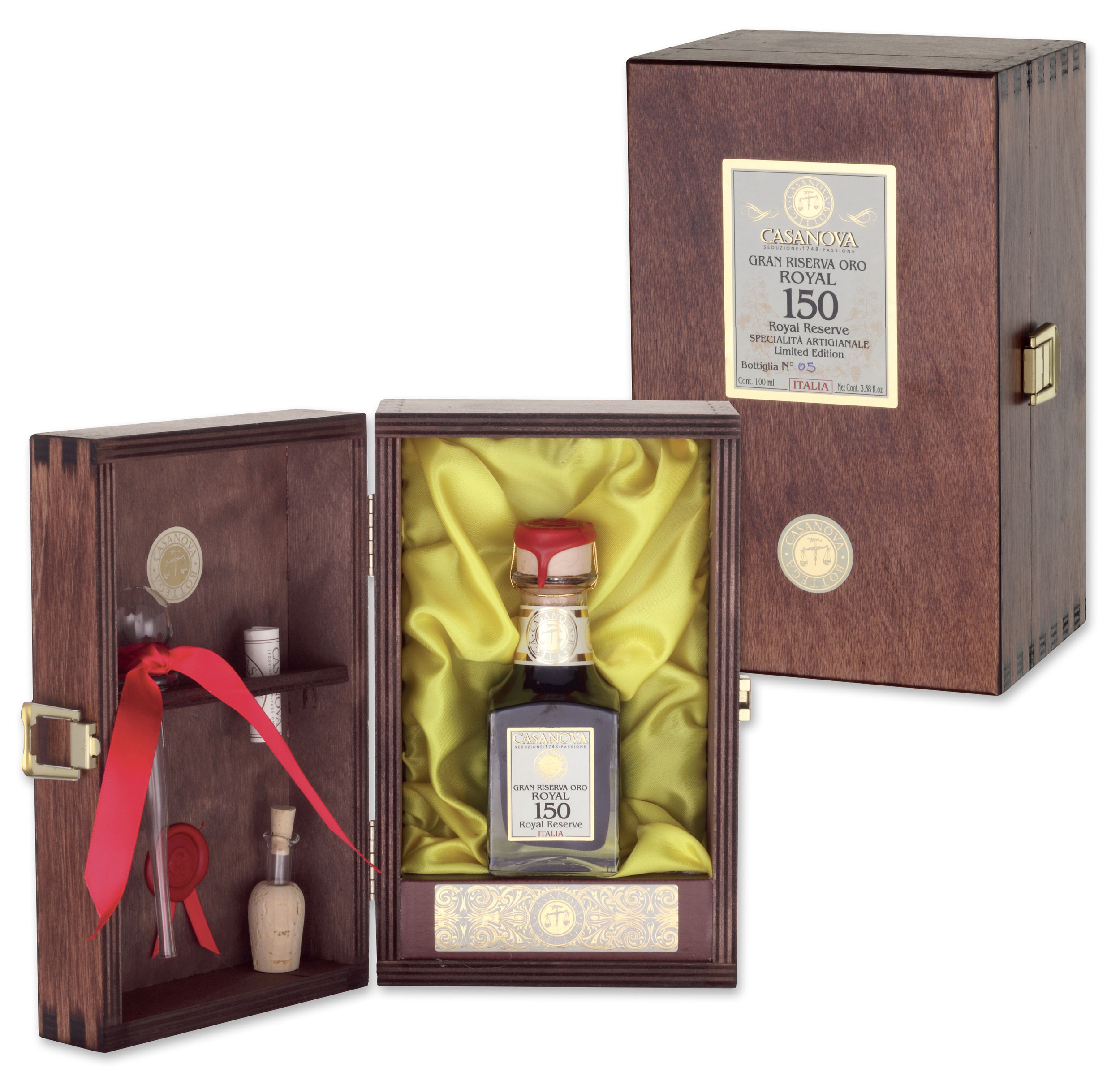 Gran Riserva Oro Royal Condimento Balsamico Qualità 150 50 ml Casanova, bottiglia con cofanetto in legno.