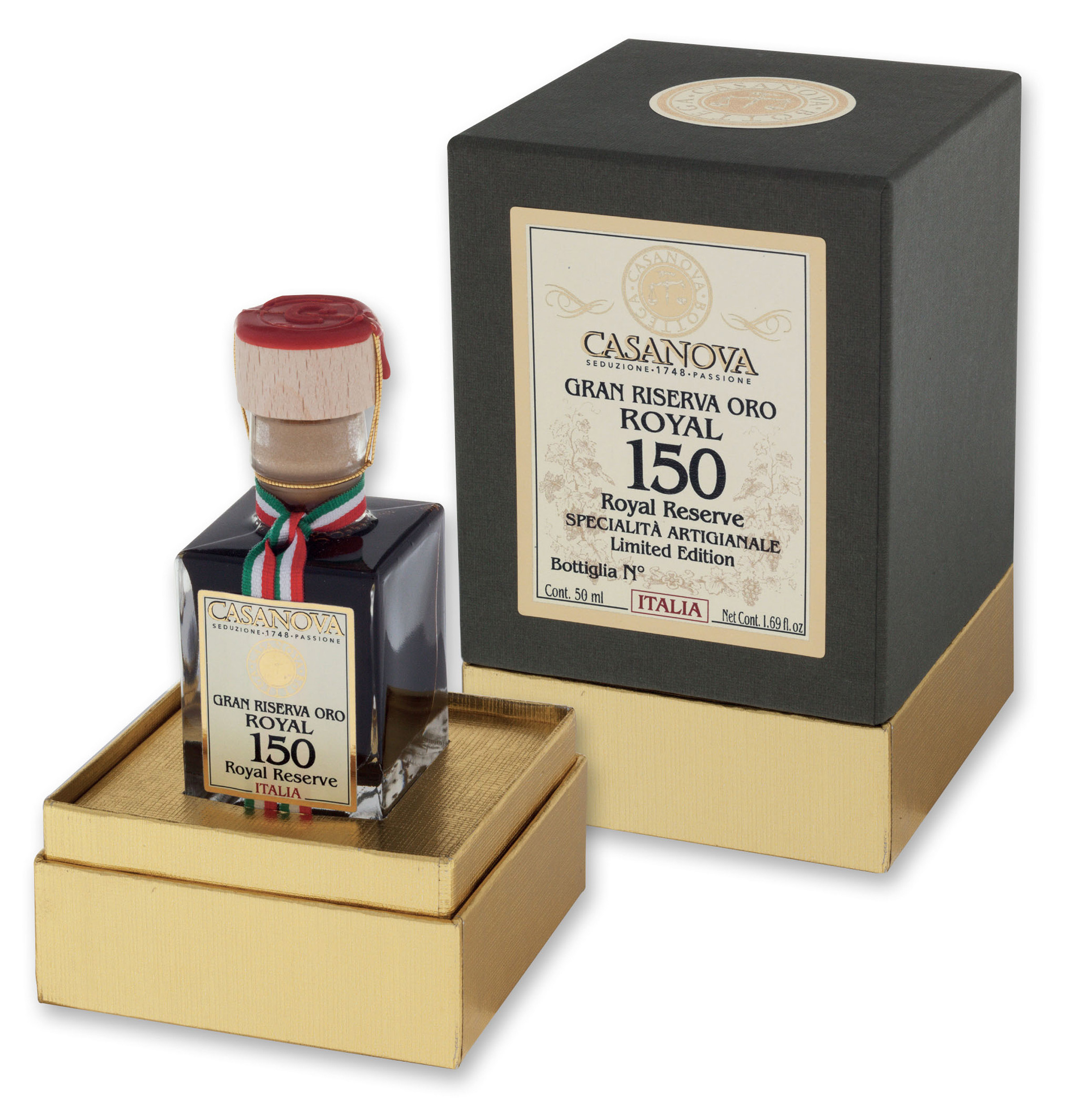 Gran Riserva Oro Royal Condimento Balsamico Qualità 150 50 ml Casanova, bottiglia con confezione regalo.