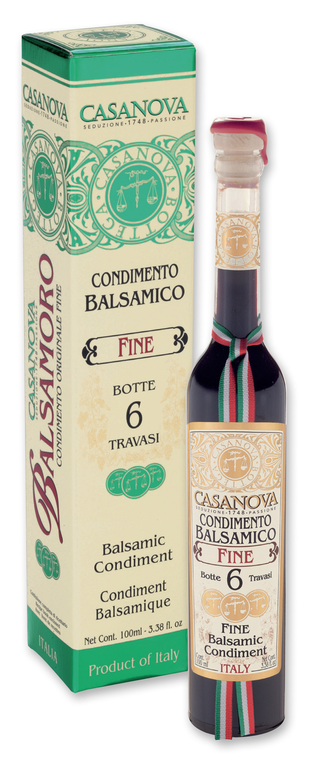 Italian Style Condimento Balsamico Fine Qualità 6 100 ml Casanova, bottiglia con astuccio.