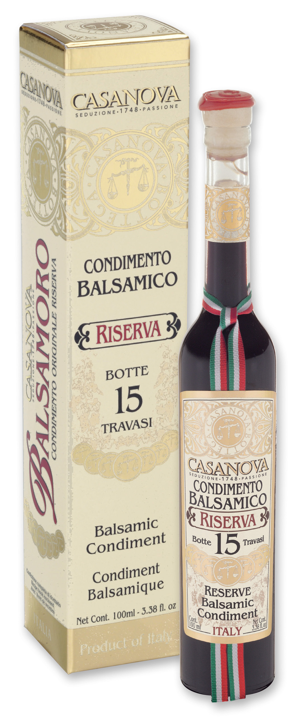 Italian Style Condimento Balsamico Riserva Qualità 15 100 ml Casanova, bottiglia con astuccio.