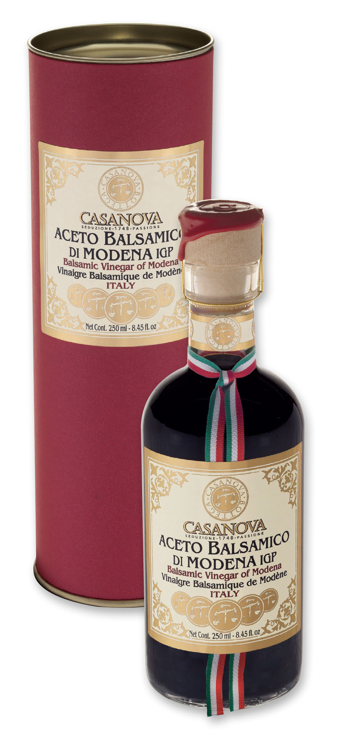Italian Tube Aceto Balsamico di Modena IGP Qualità 10 250 ml Casanova, bottiglia con confezione cilindrica.