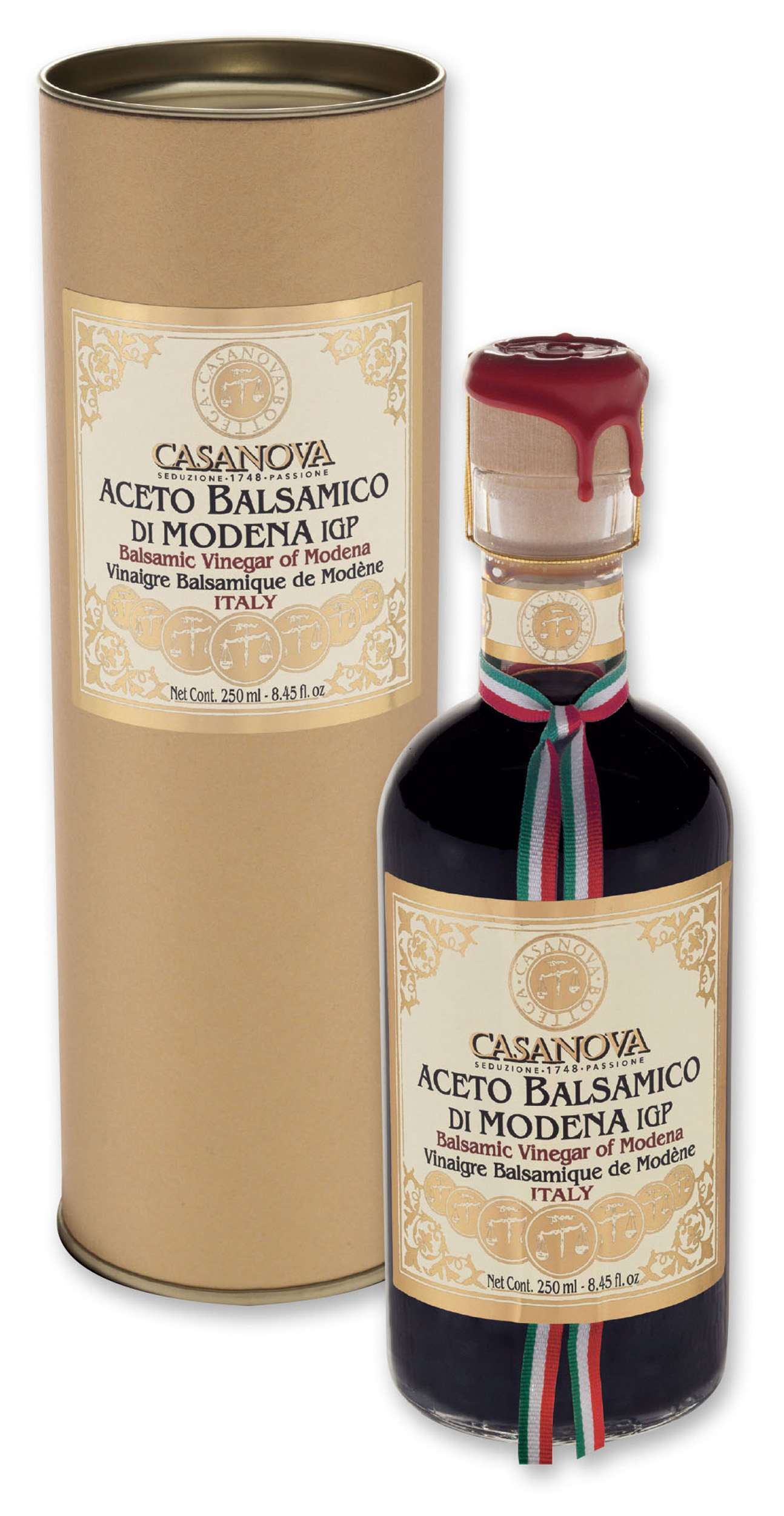 Italian Tube Aceto Balsamico di Modena IGP Qualità 15 250 ml Casanova, bottiglia con confezione cilindrica.