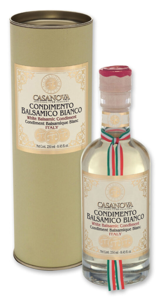 Italian Tube Condimento Balsamico Bianco 250 ml Casanova, bottiglia con confezione cilindrica.