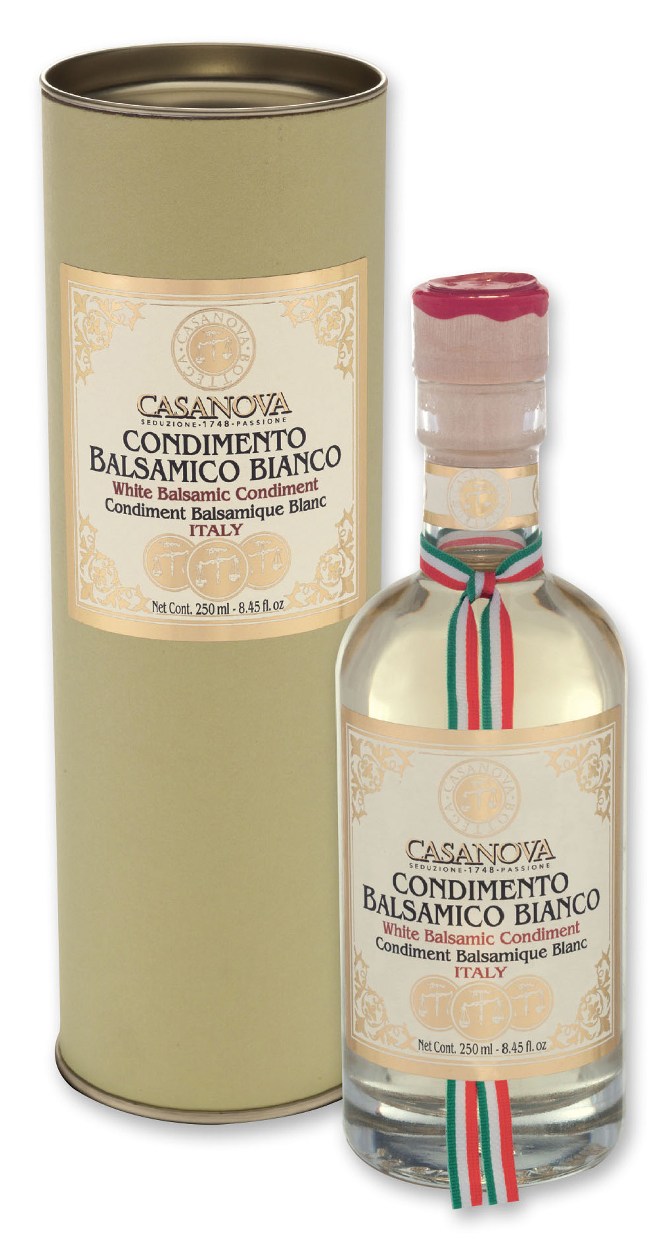Italian Tube Condimento Balsamico Bianco 250 ml Casanova, bottiglia con confezione cilindrica.