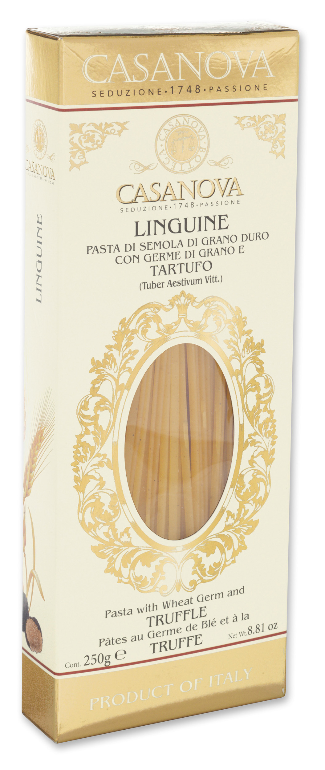 Linguine al tartufo 250 g Casanova, confezione di pasta con finestra trasparente.