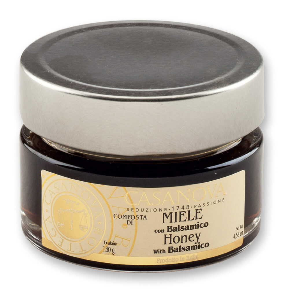 Honey with Balsamic 130 g Casanova, glass jar.