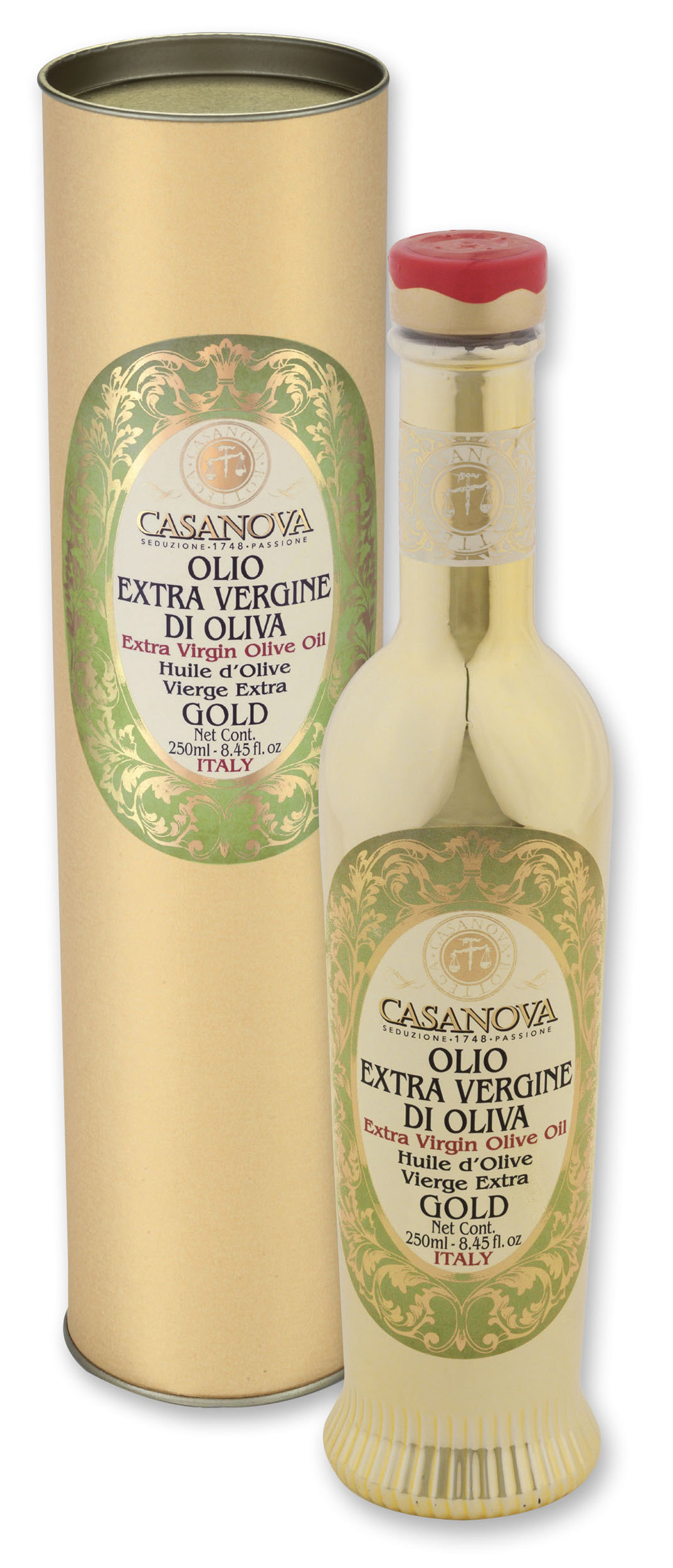 Extra Virgin Olive Oil Sicilia Gold Bottle 250 ml Casanova, bottle with cylindrical gift tube.