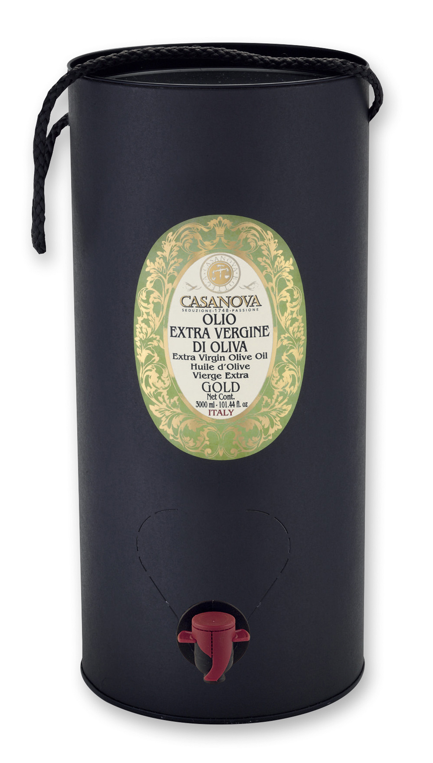 Olio Extravergine di Oliva 3 l Casanova, confezione Bag in Tube nera con manico.