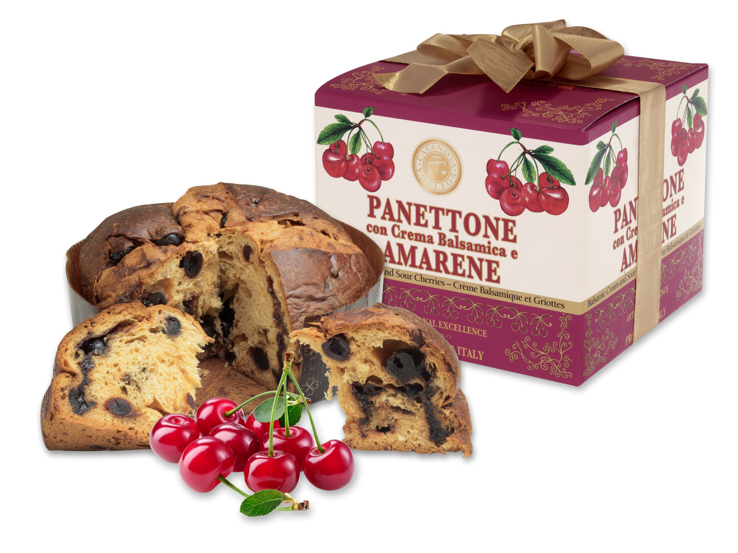 Panettone with Balsamic Glaze & Sour Cherries 750 g Casanova, sliced panettone with gift box.