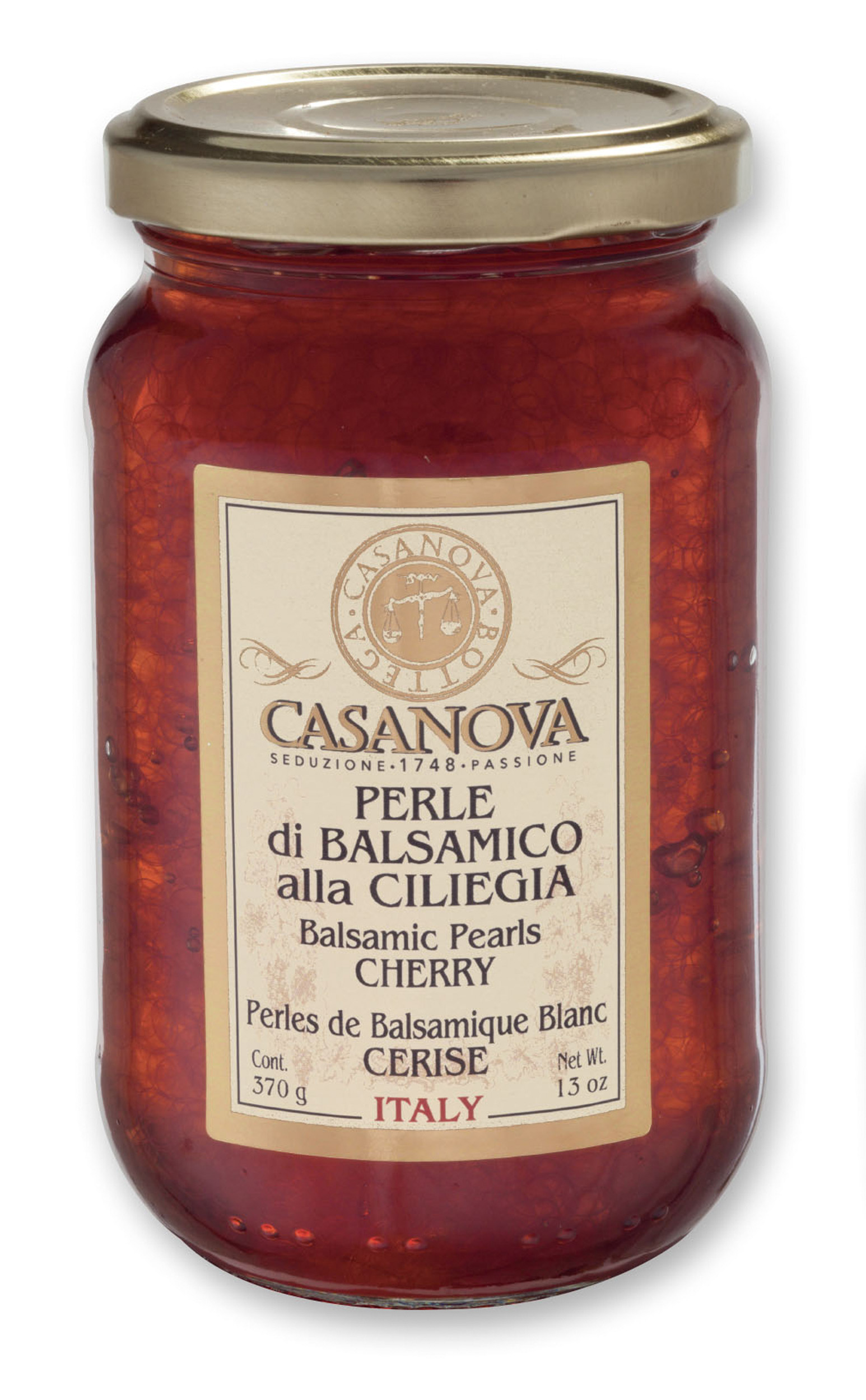 Perle di Balsamico Bianco - Ciliegia 370 g Casanova, vasetto in vetro.