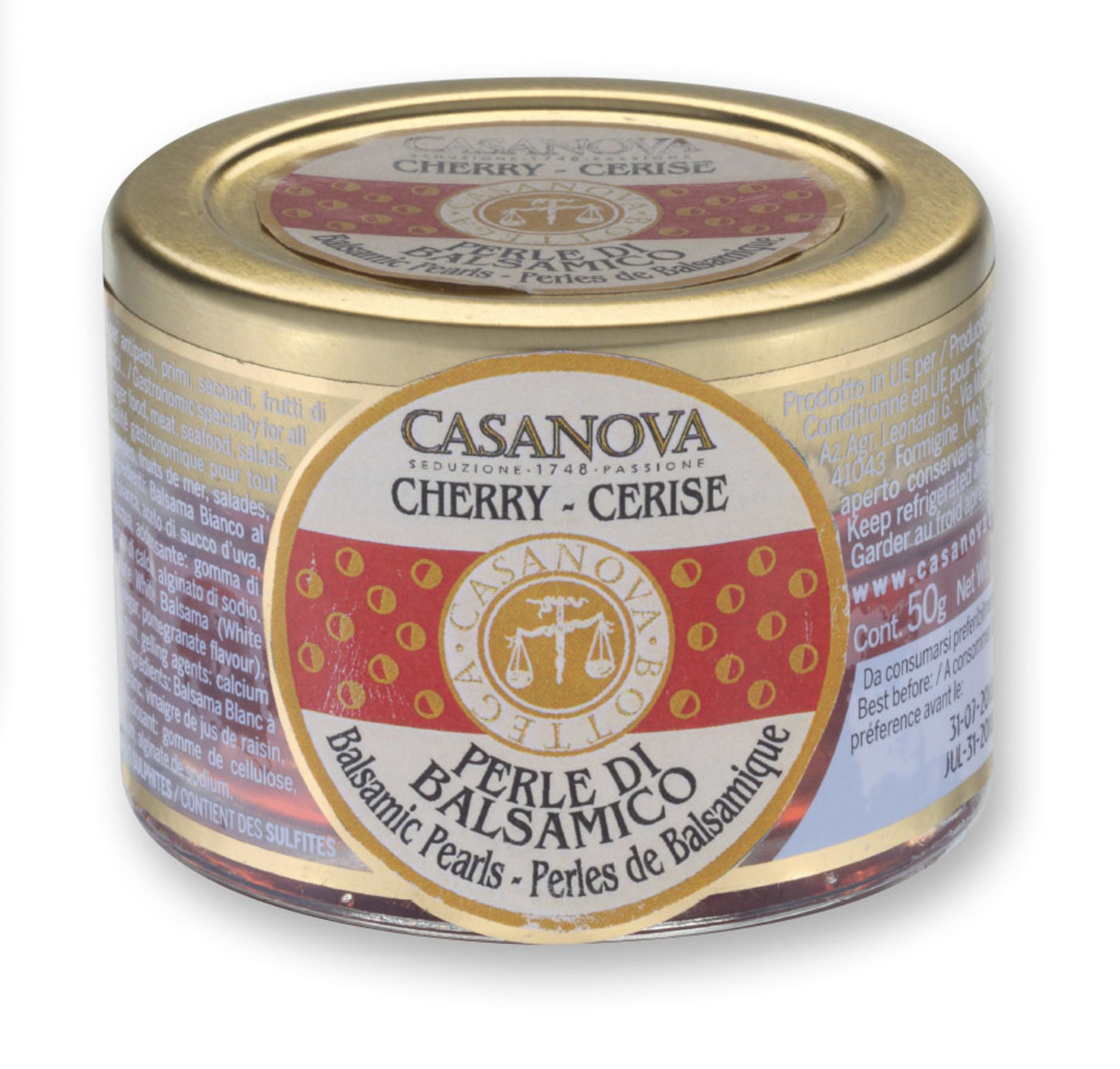 Perle di Balsamico Bianco - Ciliegia 50 g Casanova, vasetto in vetro.