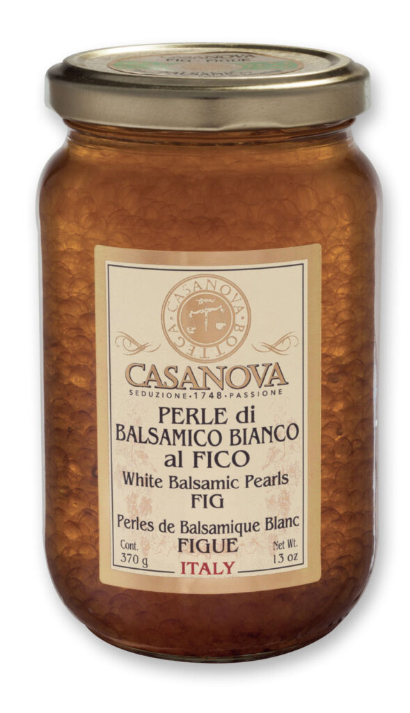 Perle di Balsamico Bianco - Fico 370 g Casanova, vasetto in vetro.