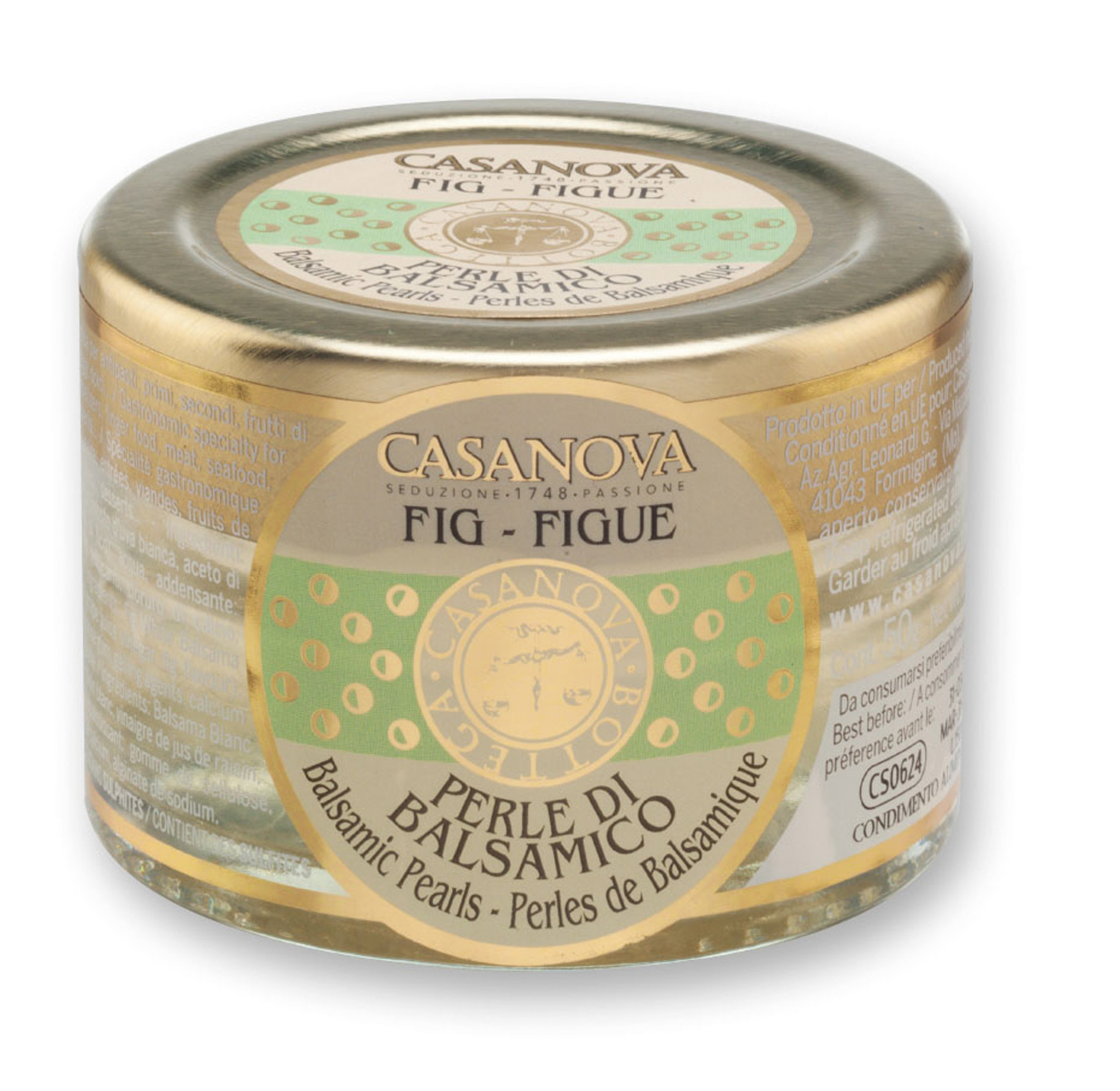 Perle di Balsamico Bianco - Fico 50 g Casanova, vasetto in vetro.