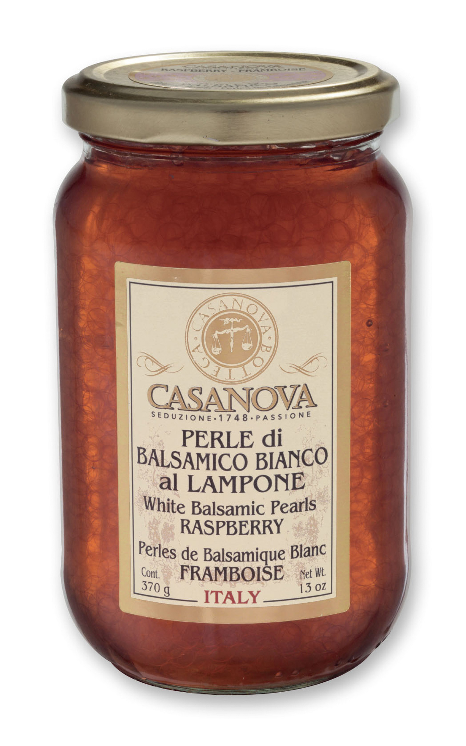 Perle di Balsamico Bianco - Lampone 370 g Casanova, vasetto in vetro.