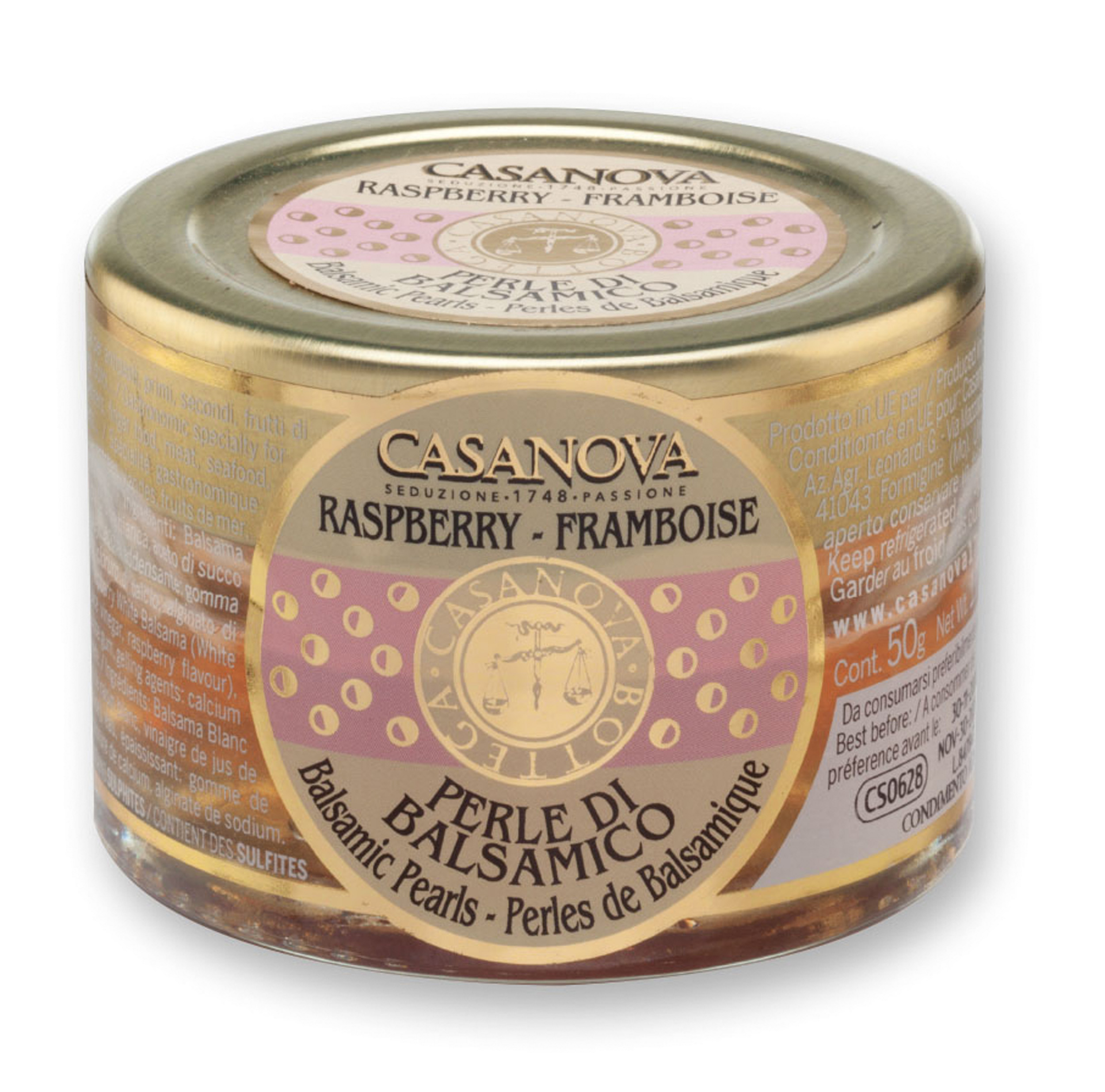 Perle di Balsamico Bianco - Lampone 50 g Casanova, vasetto in vetro.