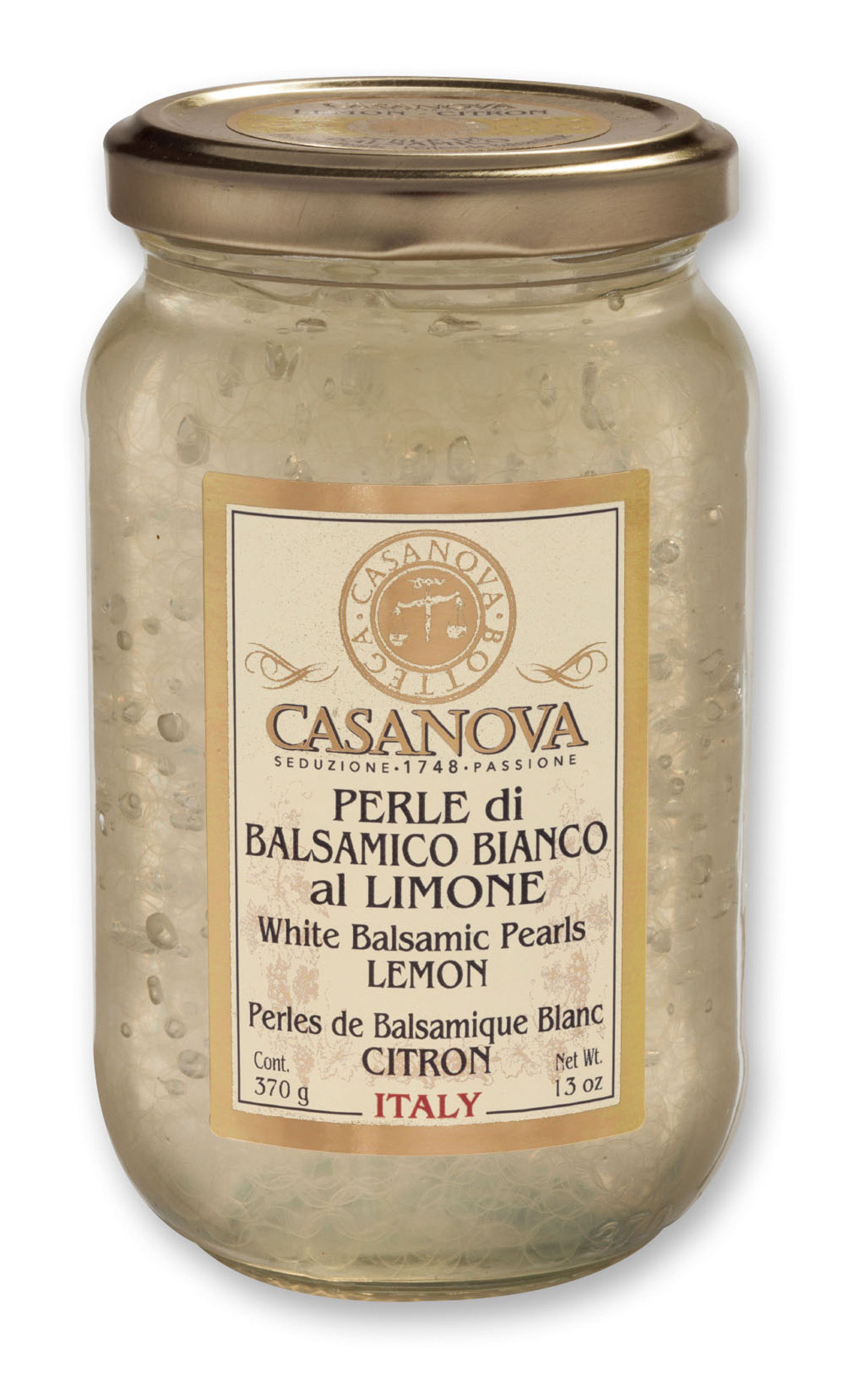 Perle di Balsamico Bianco - Limone 370 g Casanova, vasetto in vetro.