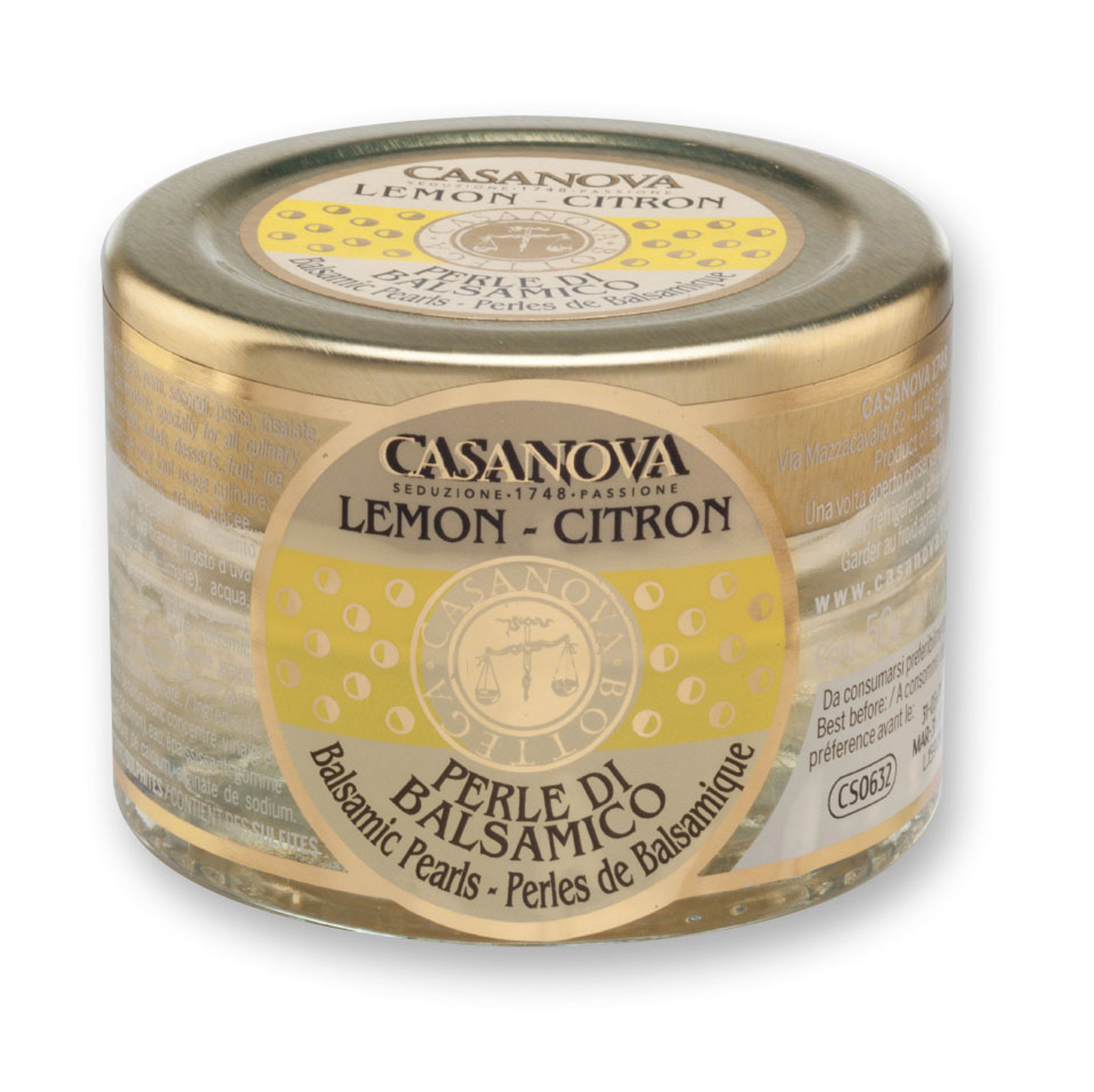 Perle di Balsamico Bianco - Limone 50 g Casanova, vasetto in vetro.