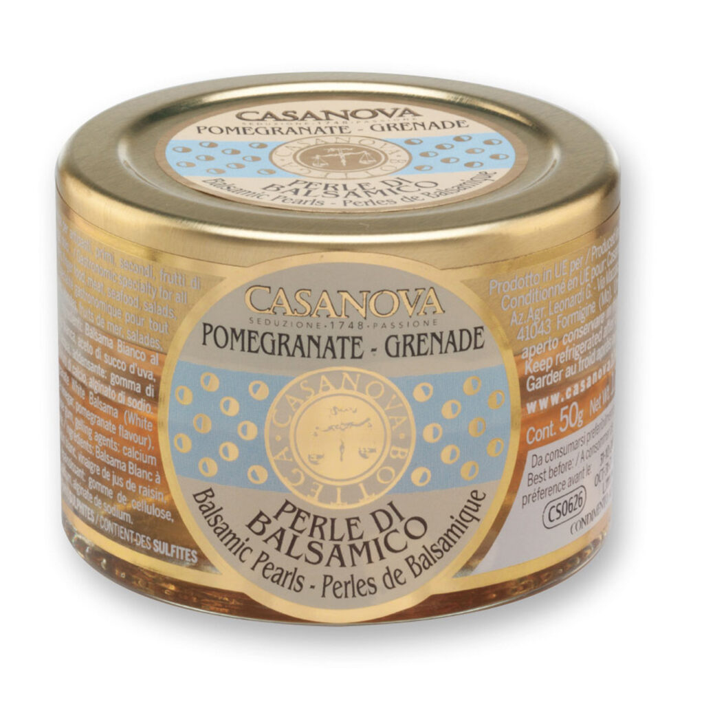 Perles de Balsamique Blanc - Grenade 50 g Casanova, bocal en verre.