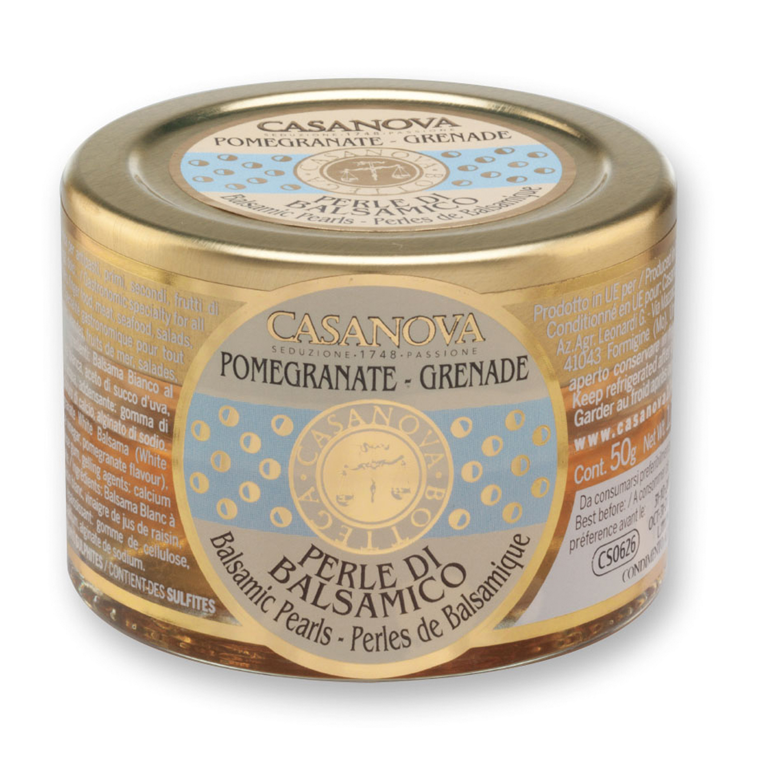 Perle di Balsamico Bianco - Melograno 50 g Casanova, vasetto in vetro.