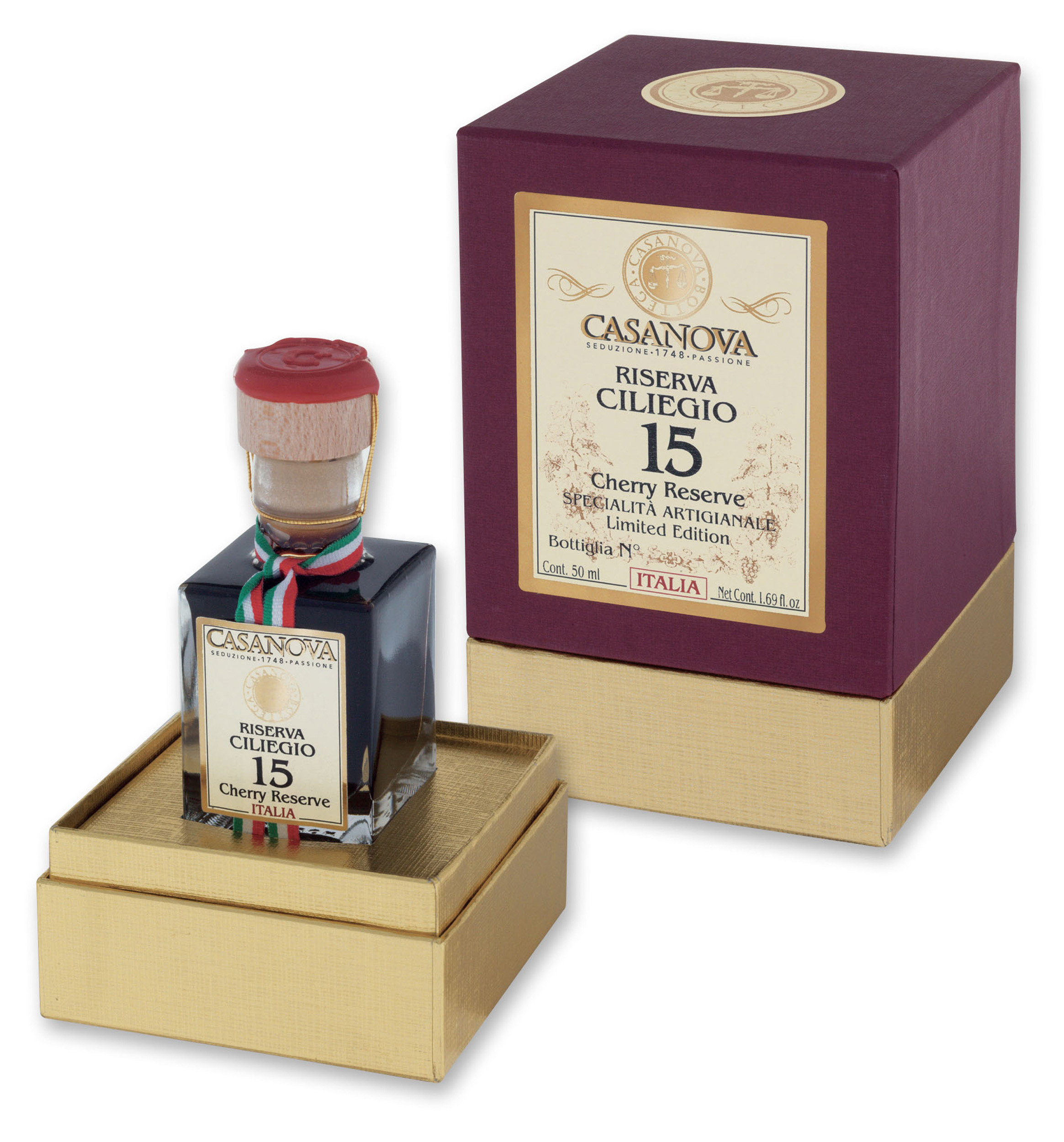 Riserva Ciliegio Condimento Balsamico Qualità 15 50 ml Casanova, bottiglia con confezione regalo.